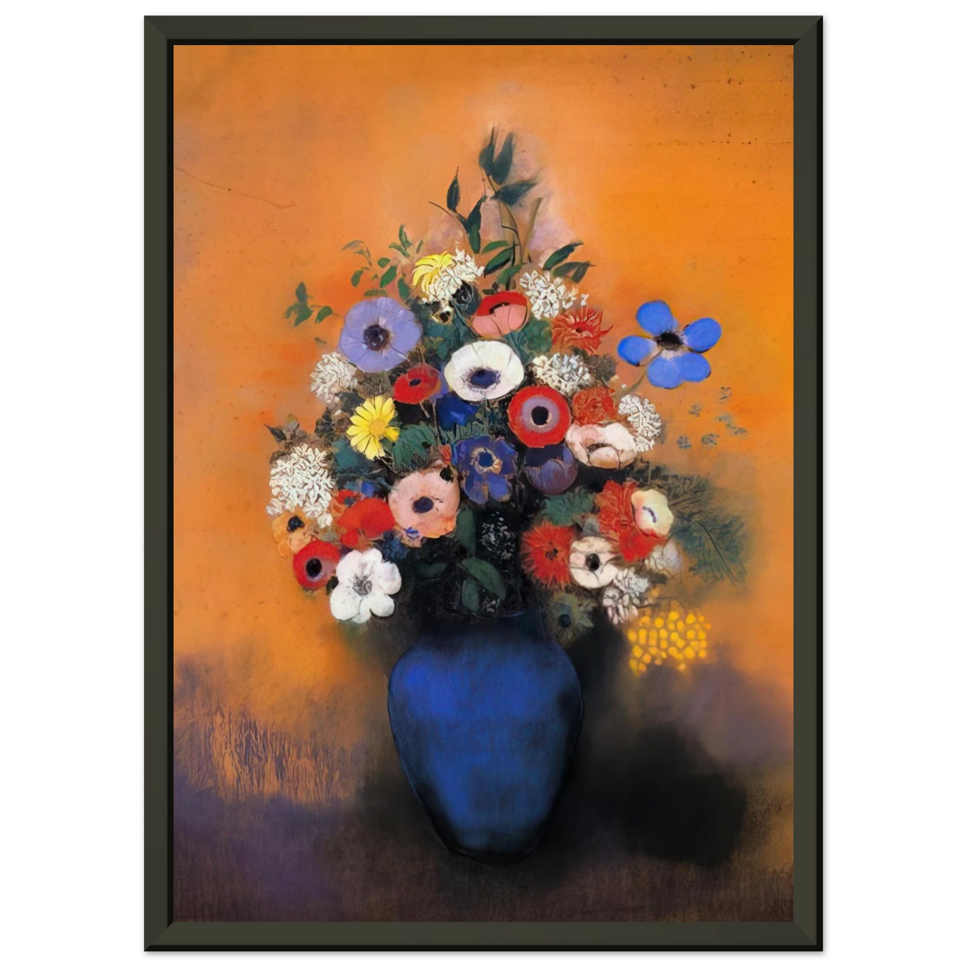 Odilon Redon  MINOSAS ANEMONIES AND LEAVES IN A BLUE VASE Framed Art Print  - Aluminum Frame - 40x50 cm / 16x20 inches