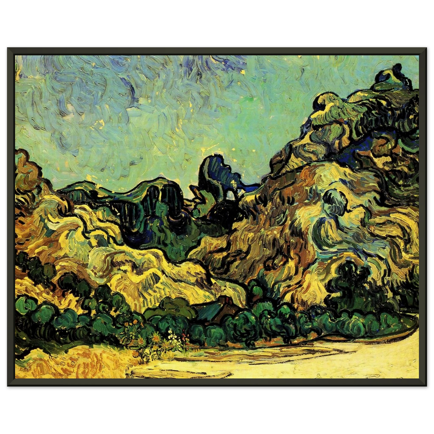Vincent van Gogh  Mountains at SaintRemy with Dark Cottage Framed Art Print  - Aluminum Frame - 70x100 cm / 28x40 inches