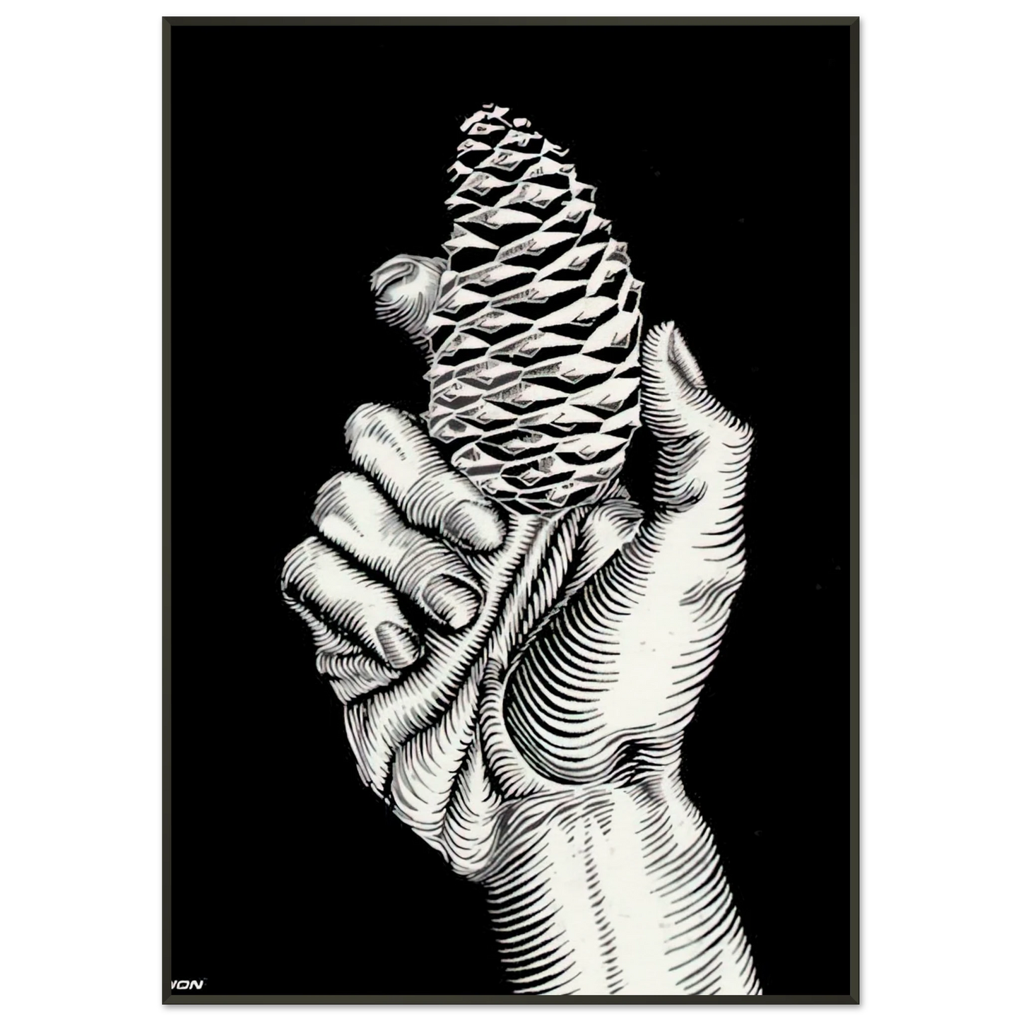MC Escher  HAND WITH FIR CONE Framed Art Print  - Aluminum Frame - 21x29.7 cm / 8x12"