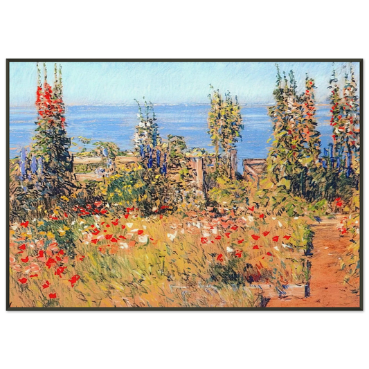 Childe Hassam  Hollyhocks Isles of Shoals Framed Art Print  - Aluminum Frame - 21x29.7 cm / 8x12"