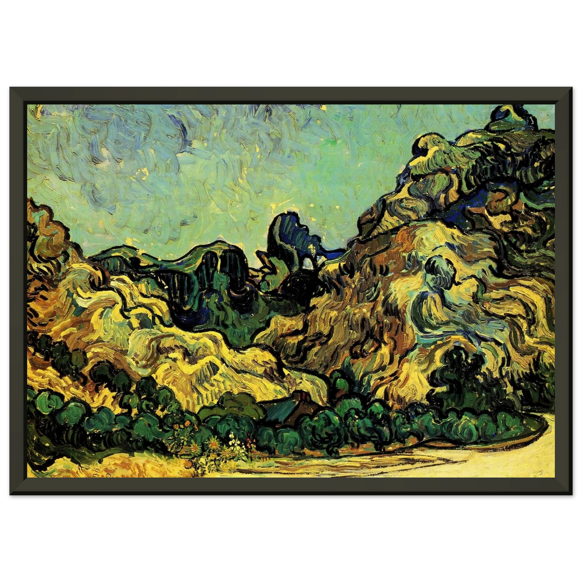Vincent van Gogh  Mountains at SaintRemy with Dark Cottage Framed Art Print  - Aluminum Frame - 60x80 cm / 24x32 inches