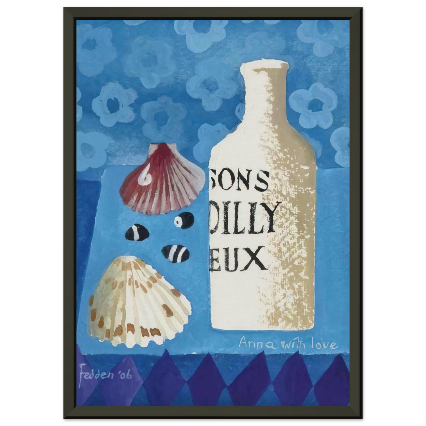 Mary Fedden  Still life with bottle and shells  2006 Framed Art Print  - Aluminum Frame - 40x50 cm / 16x20 inches