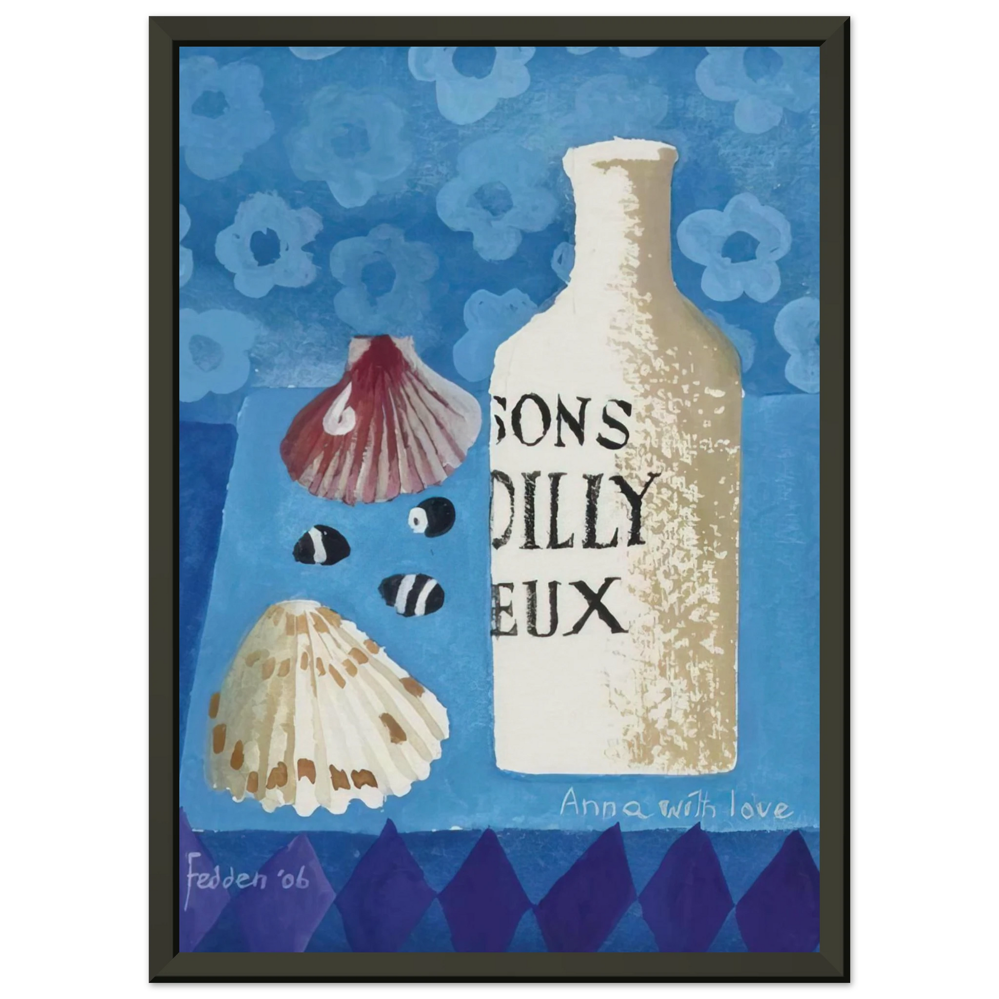 Mary Fedden  Still life with bottle and shells  2006 Framed Art Print  - Aluminum Frame - 40x50 cm / 16x20 inches