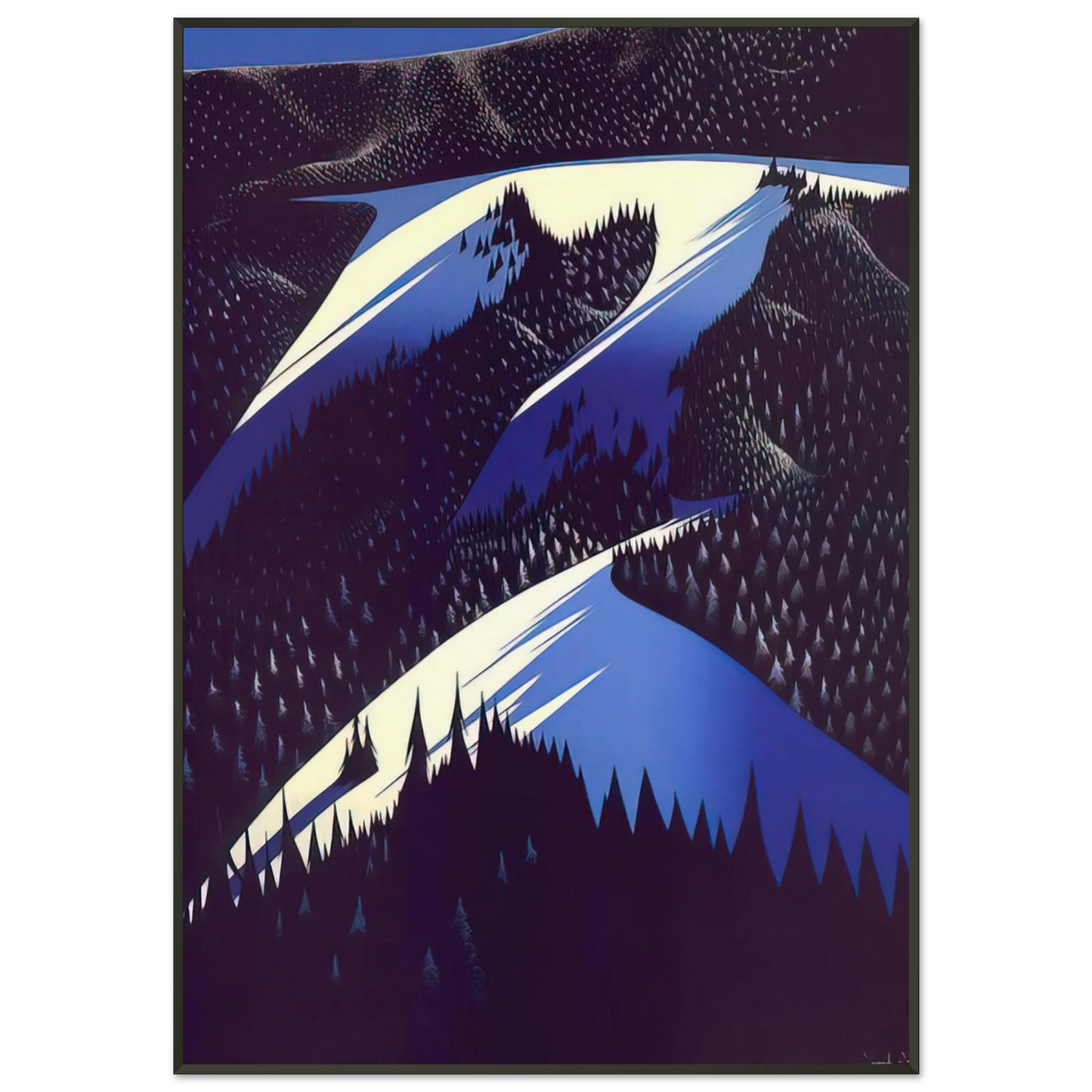 Eyvind Earle  Black Evergreen Forest Framed Art Print  - Aluminum Frame - 21x29.7 cm / 8x12"
