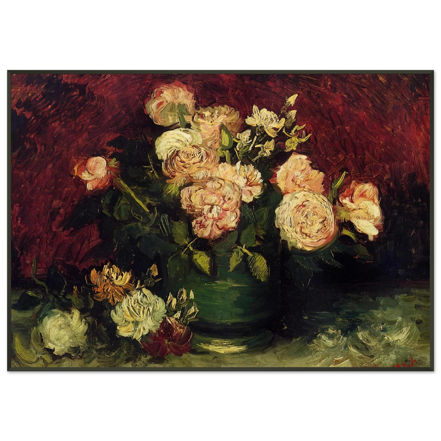 Vincent van Gogh  Bowl with Peonies and Roses Framed Art Print  - Aluminum Frame - 21x29.7 cm / 8x12"
