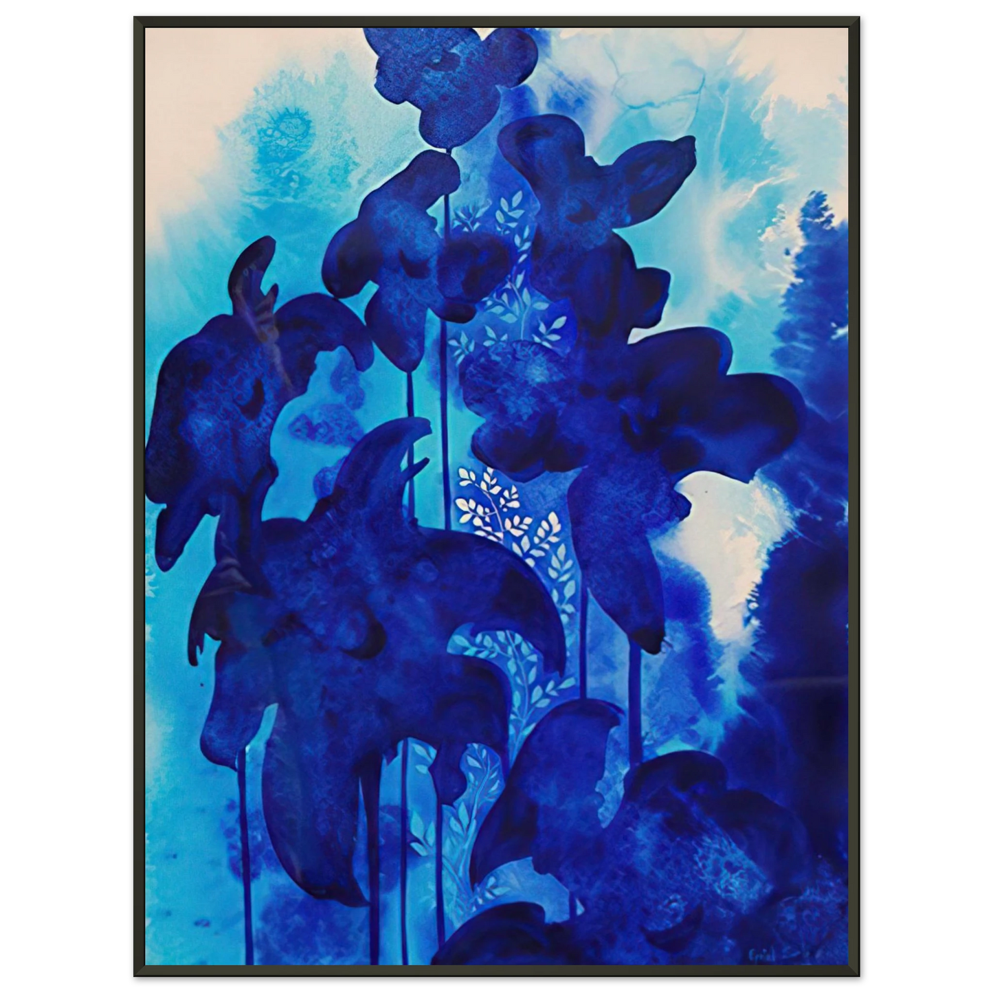 Eyvind Earle  Blue Floral Framed Art Print  - Aluminum Frame - 70x100 cm / 28x40 inches