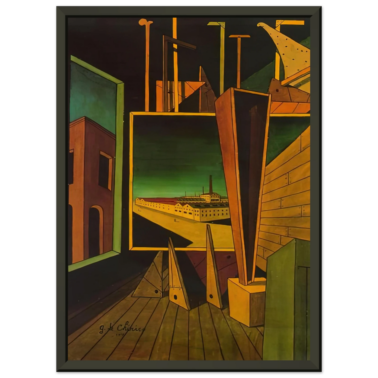 Giorgio de Chirico  GEOMETRIC COMPOSITION WITH FACTORY LANDSCAPE 1917 Framed Art Print  - Aluminum Frame - 70x100 cm / 28x40 inches
