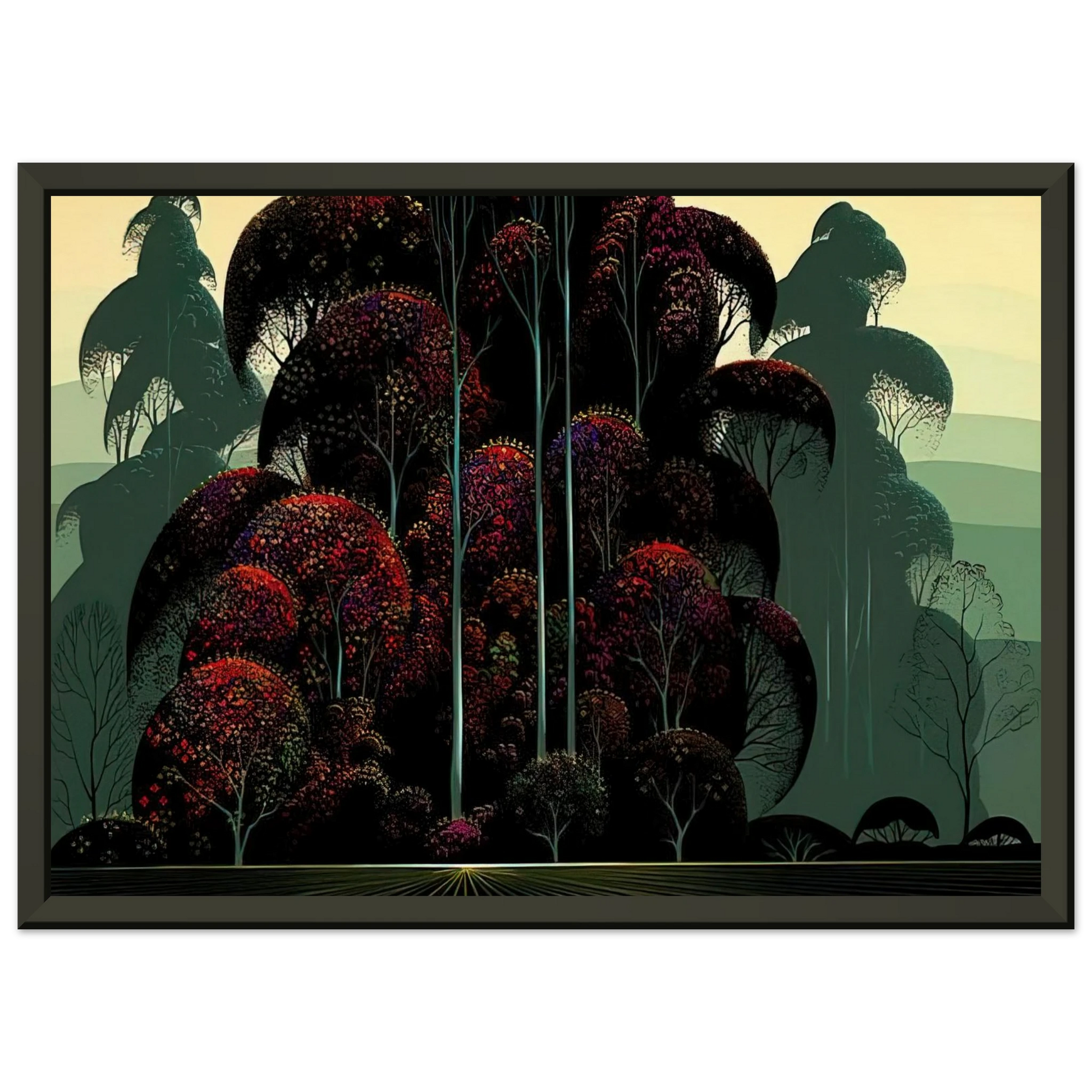Eyvind Earle  Crimson Autumn Framed Art Print  - Aluminum Frame - 70x100 cm / 28x40 inches
