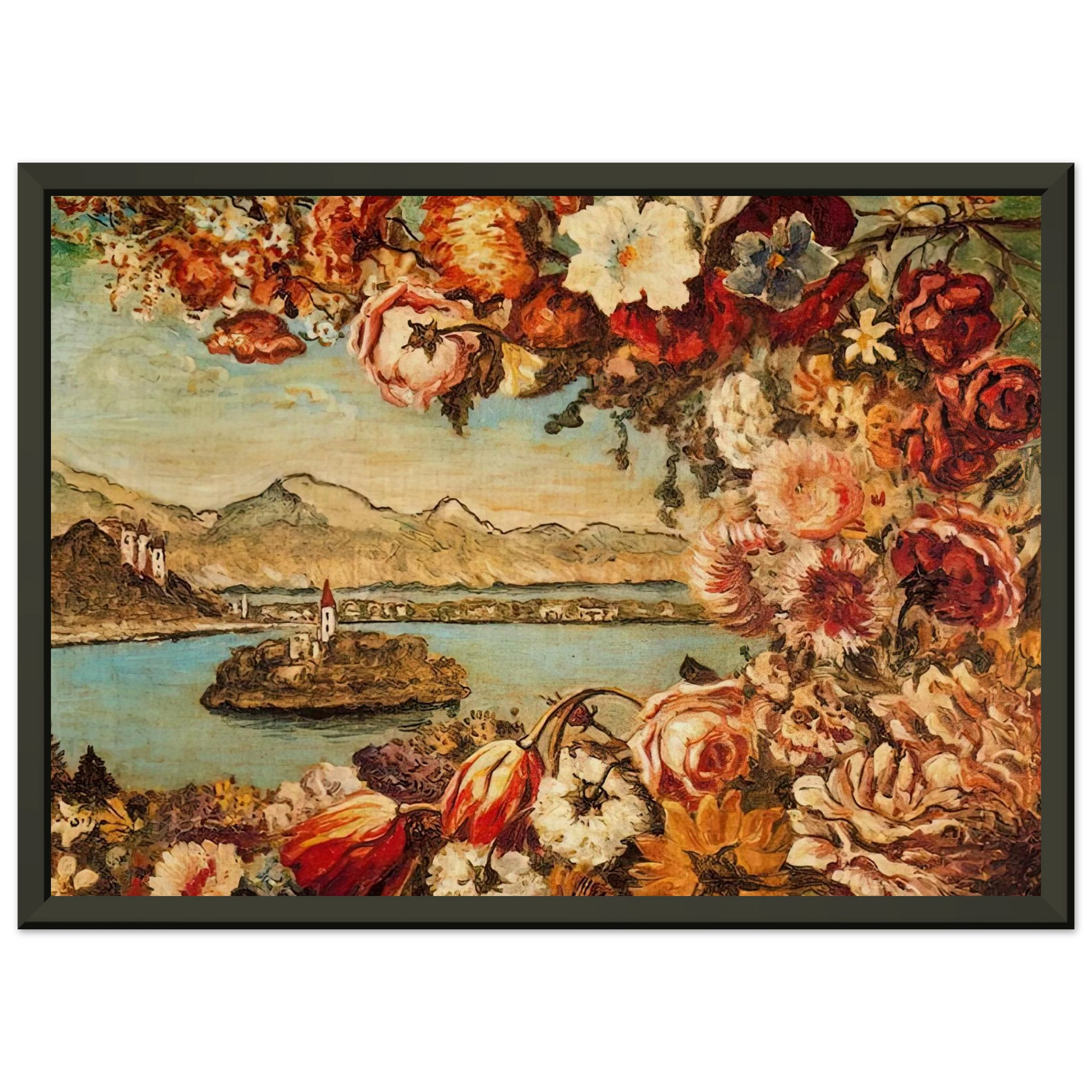 Giorgio de Chirico  ISLAND AND FLOWER GARLAND Framed Art Print  - Aluminum Frame - 70x100 cm / 28x40 inches