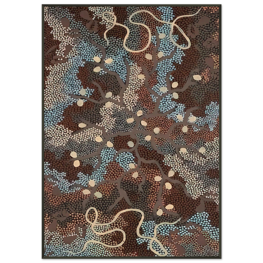 Clifford Possum Tjapaltjarri  Bush Tucker Dreaming  1984 Framed Art Print  - Aluminum Frame - 21x29.7 cm / 8x12"