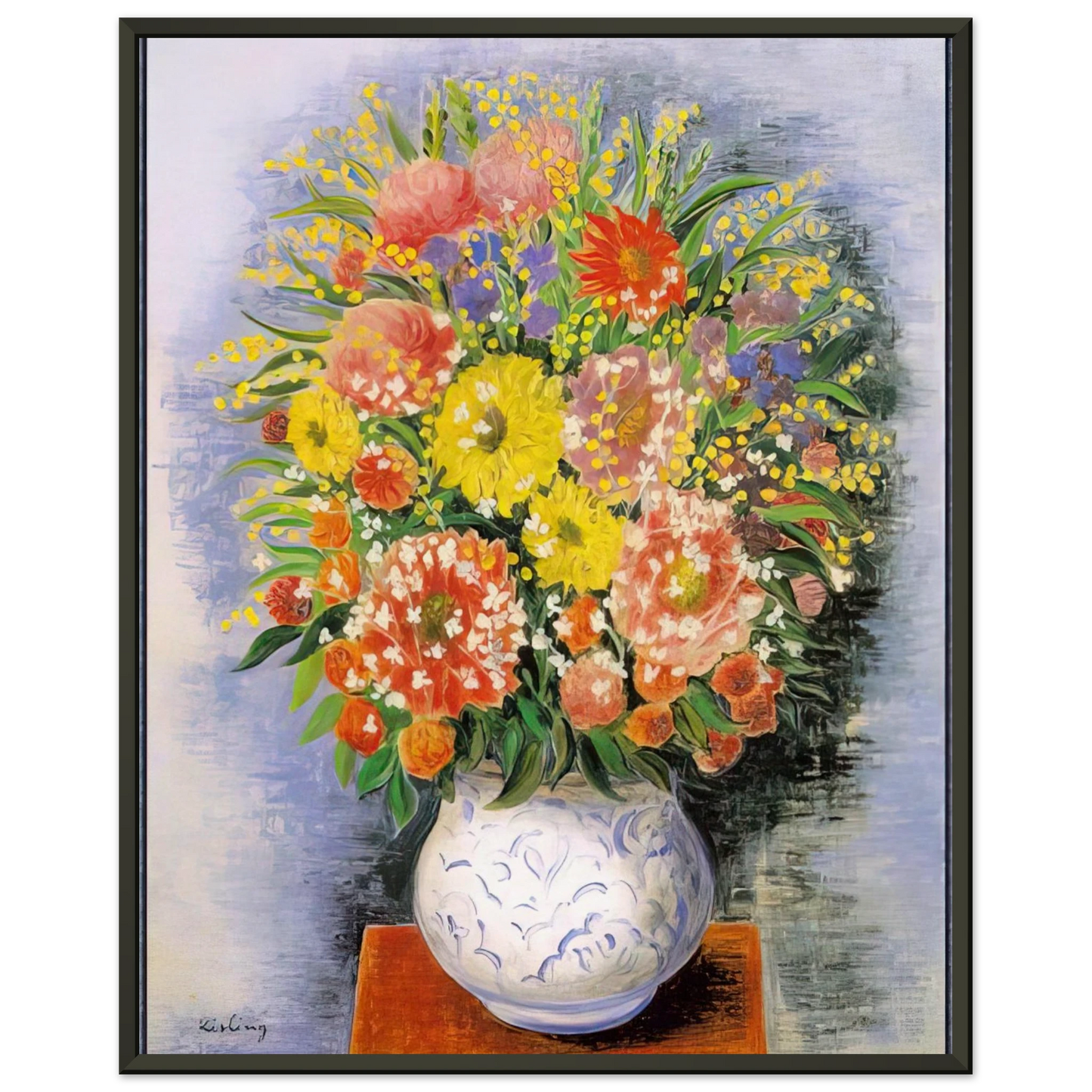 Moise Kisling  BOUQUET OF VARIOUS FLOWERS AND MIMOSA Framed Art Print  - Aluminum Frame - 40x50 cm / 16x20 inches