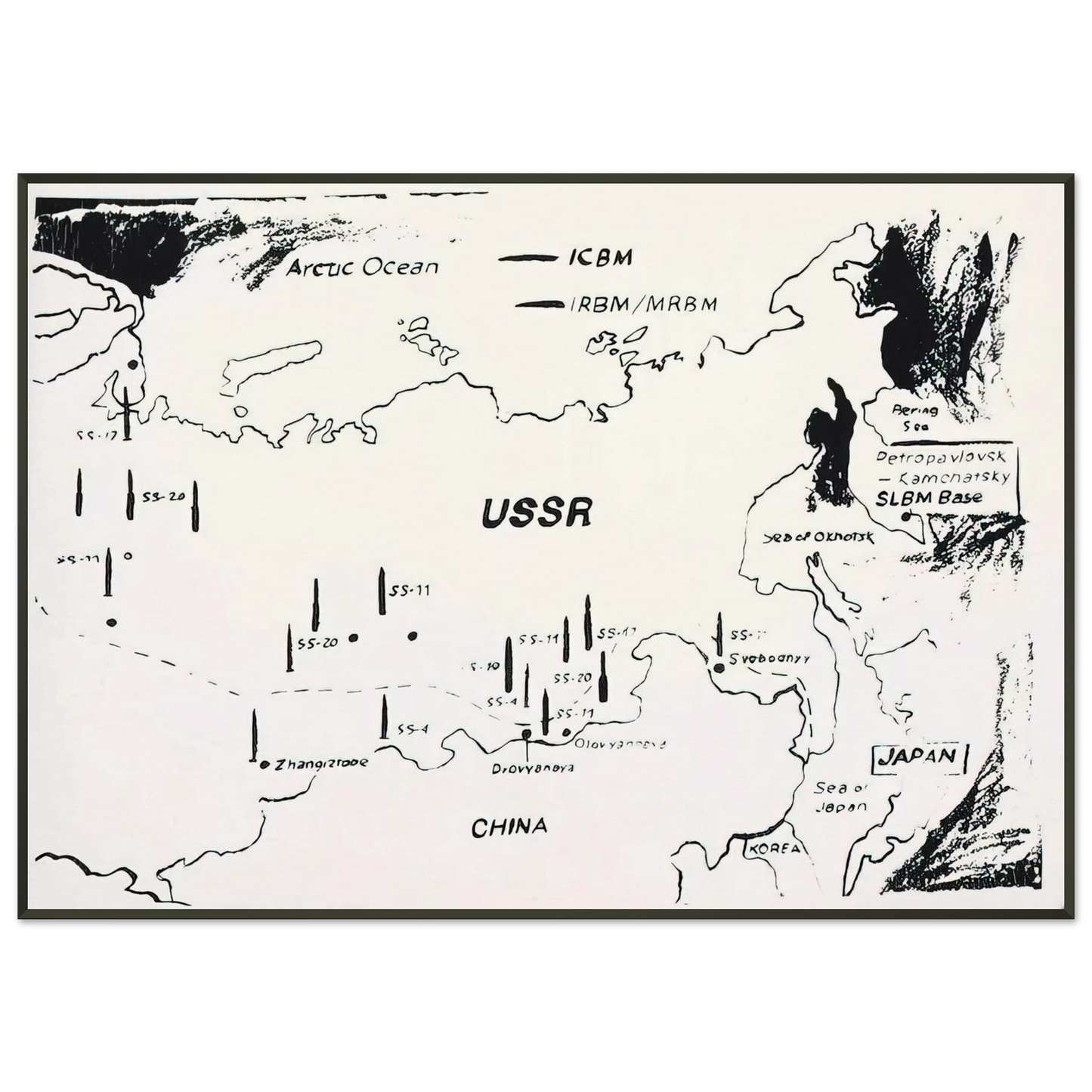 Andy Warhol  Map of Eastern USSR Missile Bases Framed Art Print  - Aluminum Frame - 21x29.7 cm / 8x12"