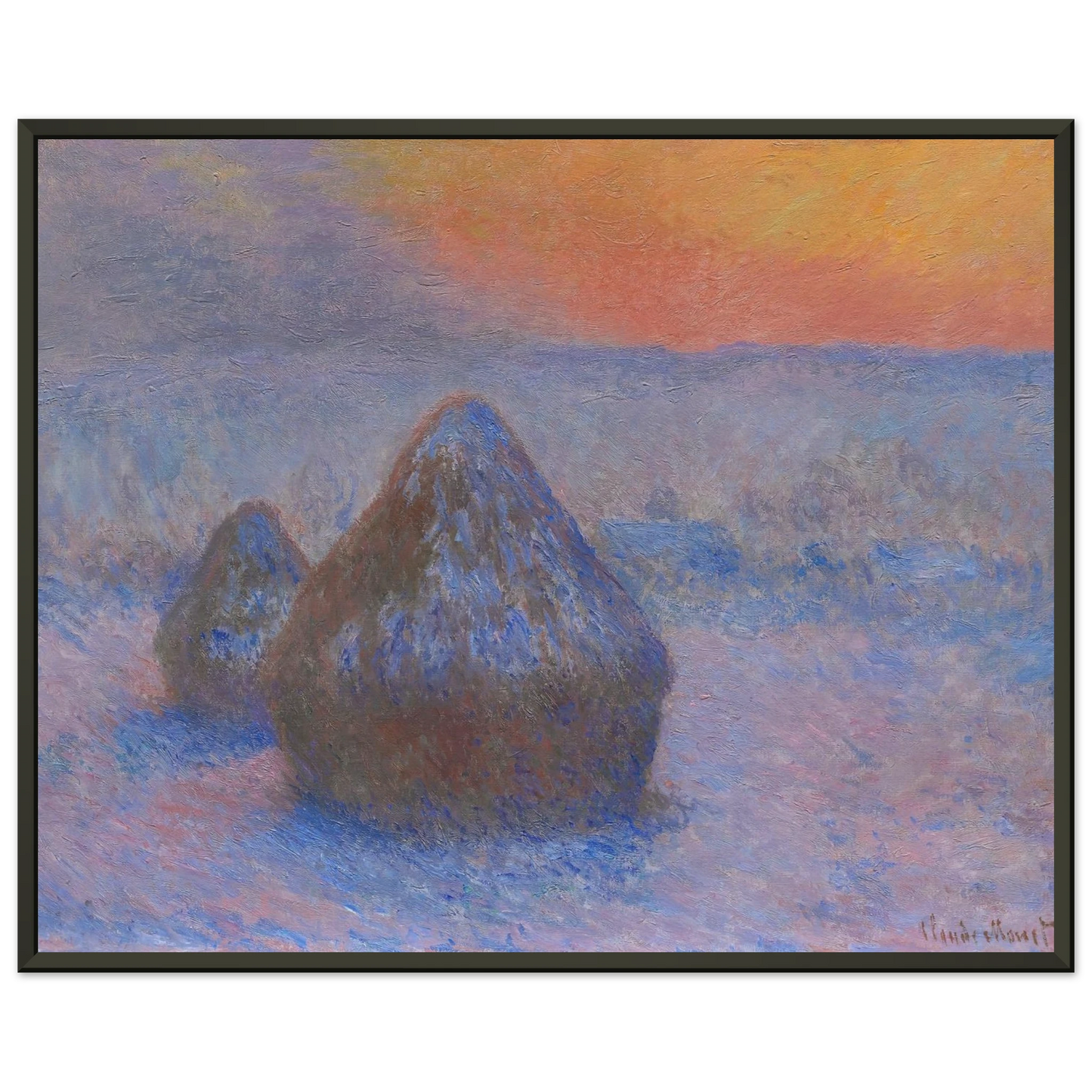 claude monet  Stacks of Wheat Sunset Snow Effect Framed Art Print  - Aluminum Frame - 40x50 cm / 16x20 inches