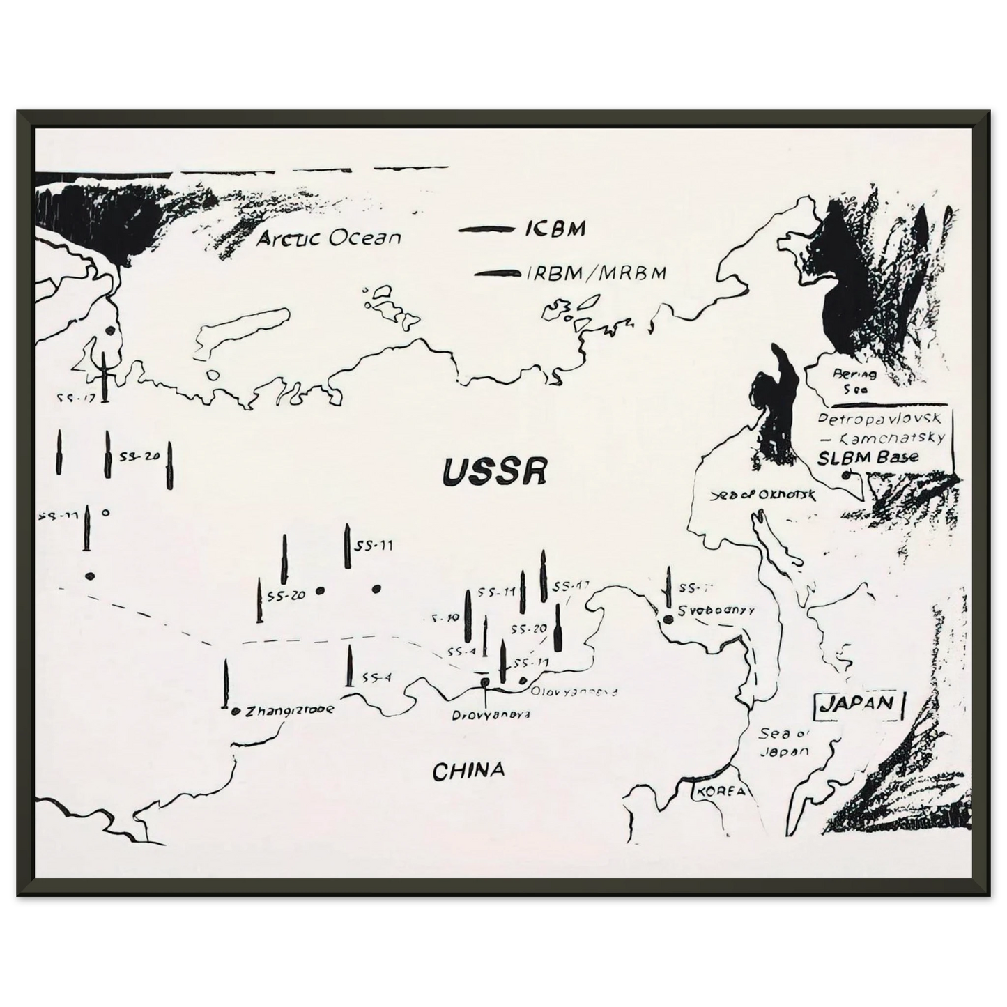 Andy Warhol  Map of Eastern USSR Missile Bases Framed Art Print  - Aluminum Frame - 70x100 cm / 28x40 inches