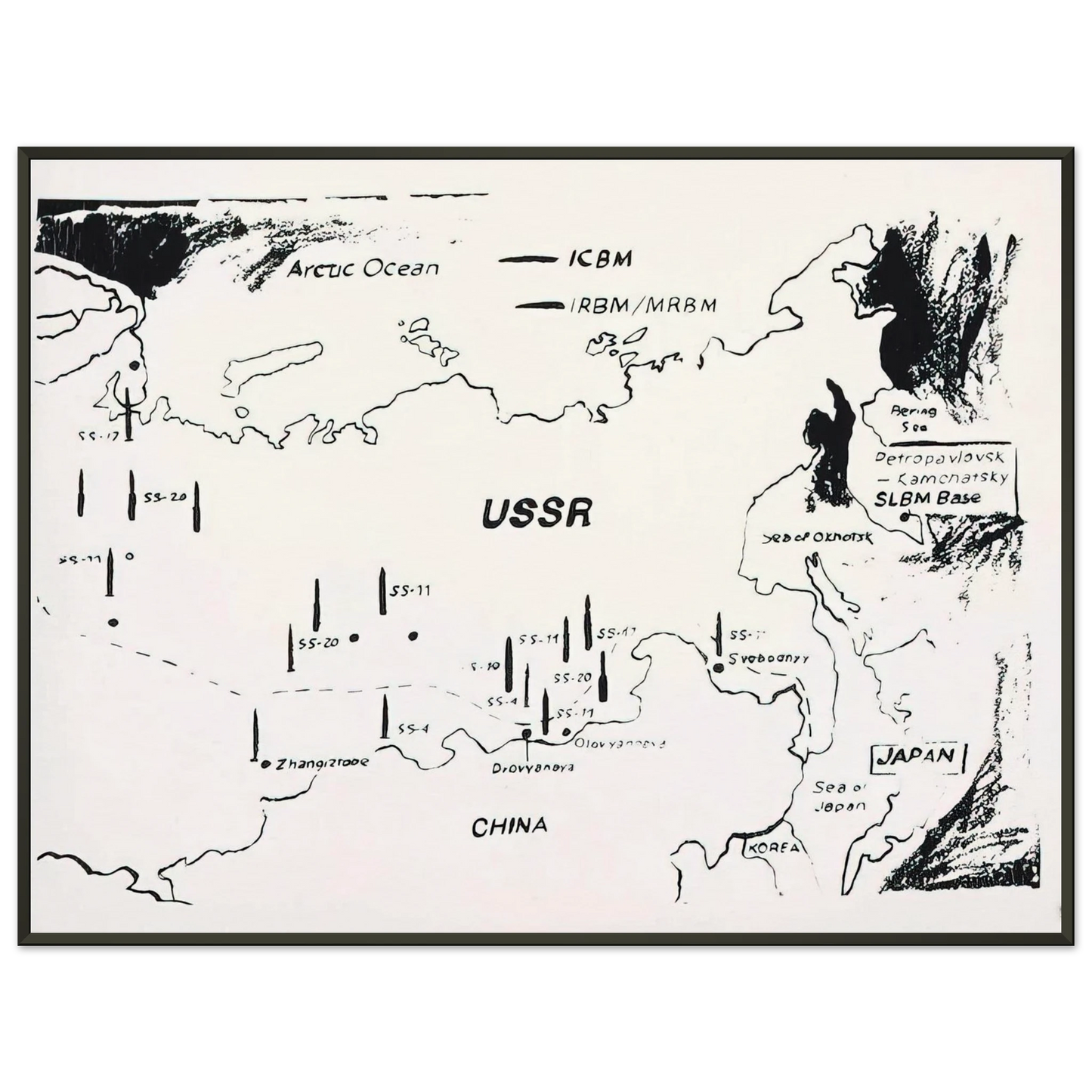 Andy Warhol  Map of Eastern USSR Missile Bases Framed Art Print  - Aluminum Frame - 60x80 cm / 24x32 inches