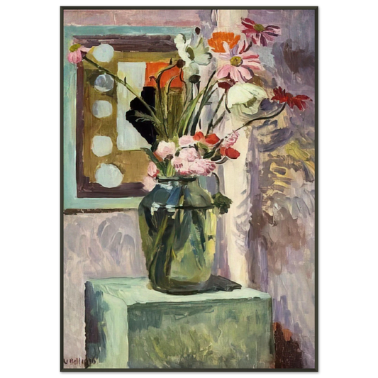 Vanessa Bell  FLOWERS IN A GLASS VASE WITH ABSTRACT NEEDLEWORK DESIGN Framed Art Print  - Aluminum Frame - 21x29.7 cm / 8x12"