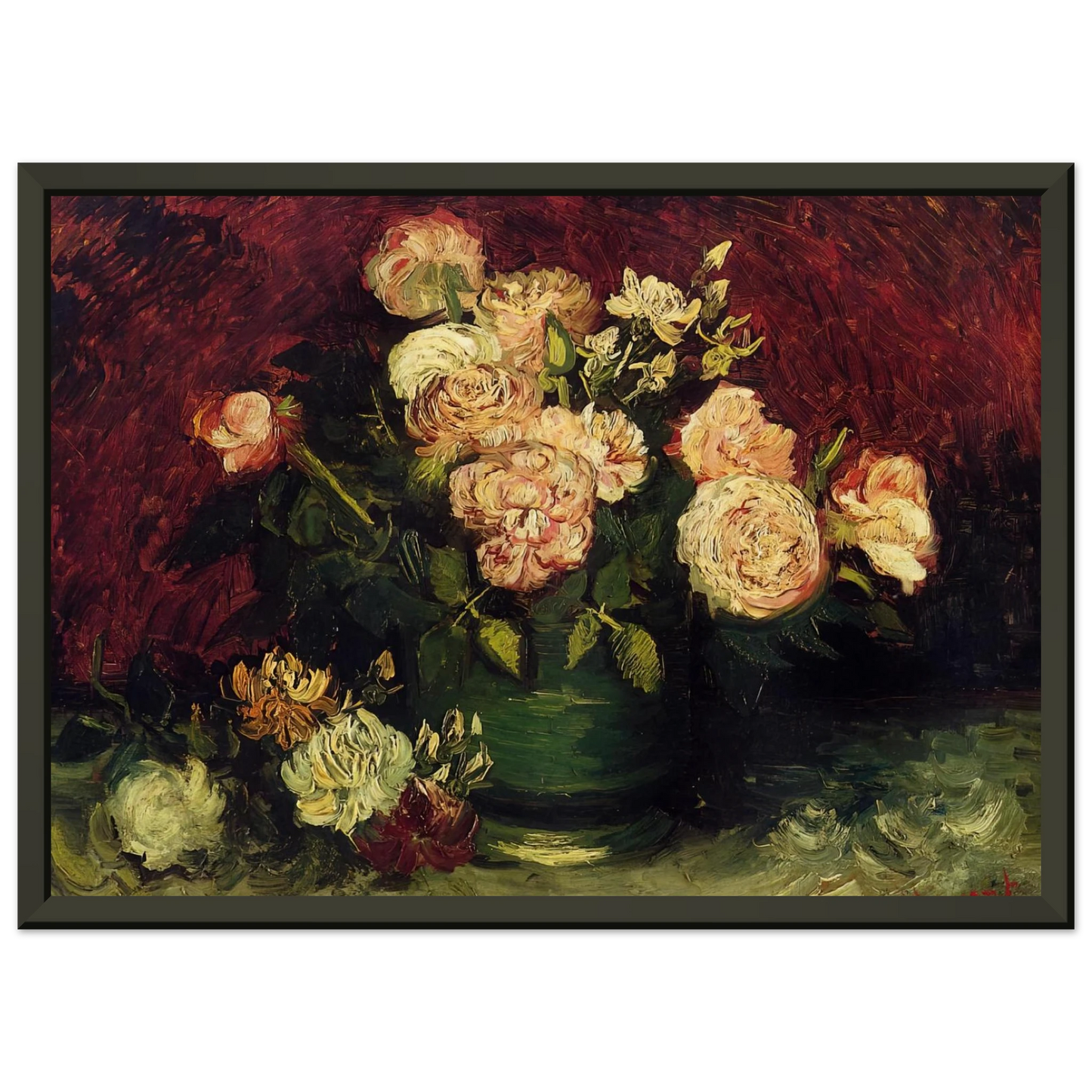 Vincent van Gogh  Bowl with Peonies and Roses Framed Art Print  - Aluminum Frame - 40x50 cm / 16x20 inches