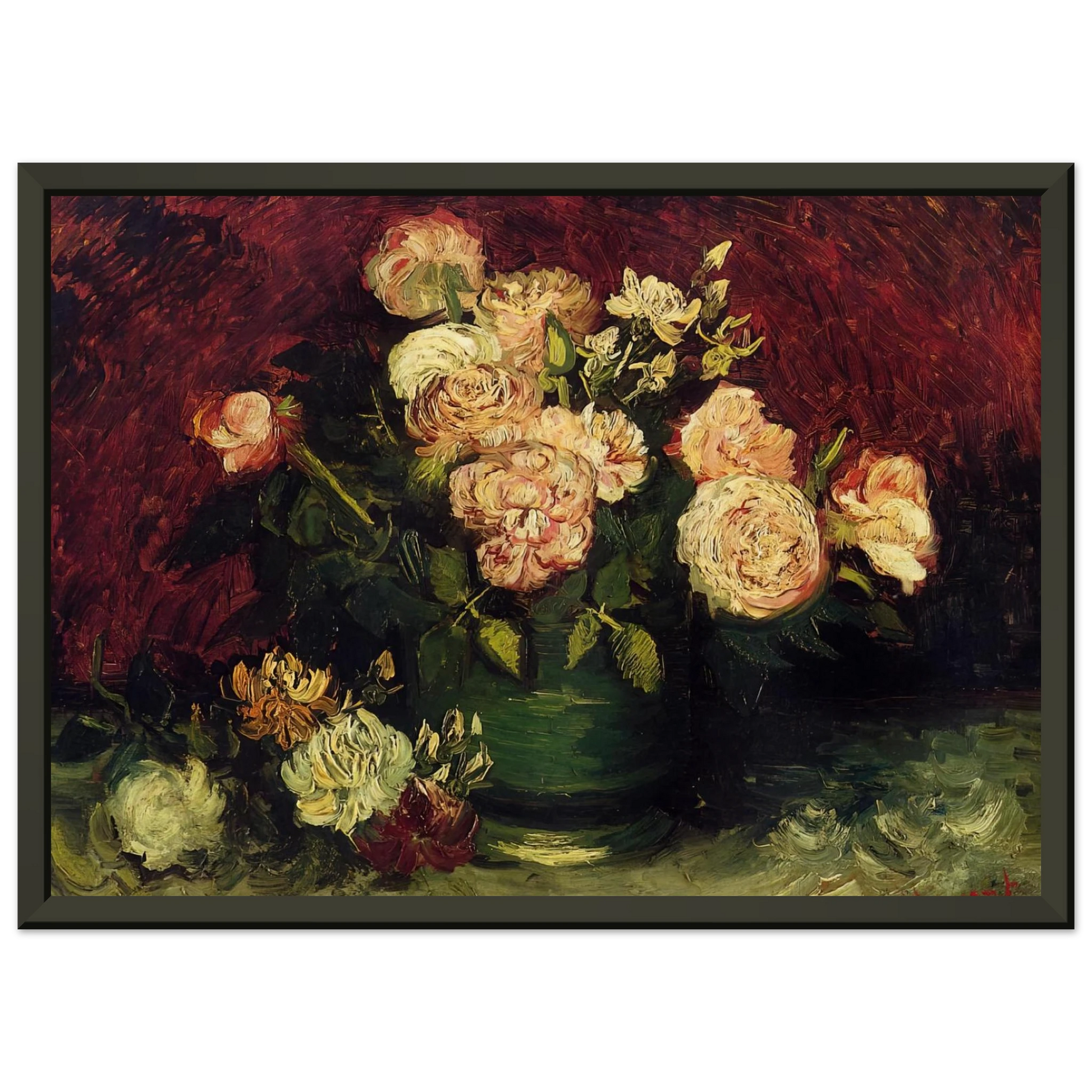 Vincent van Gogh  Bowl with Peonies and Roses Framed Art Print  - Aluminum Frame - 40x50 cm / 16x20 inches