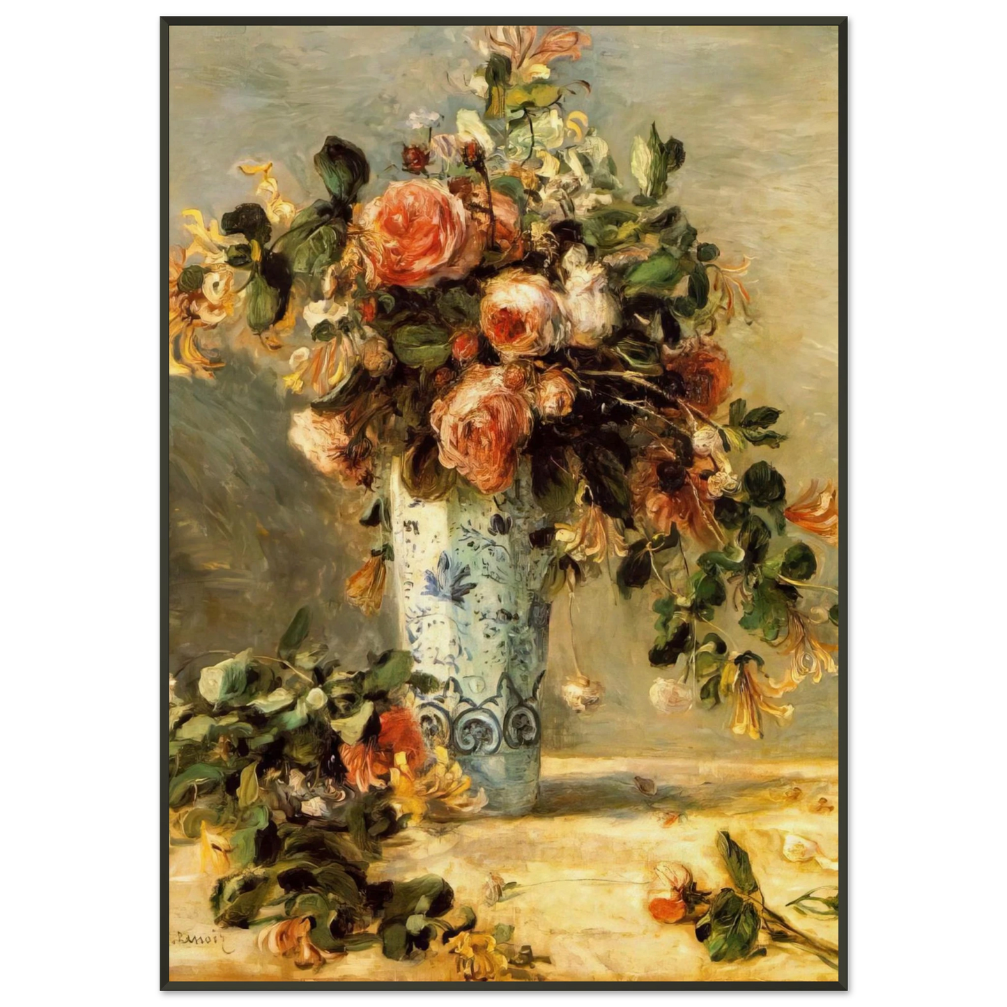 PierreAuguste Renoir  Roses and Jasmine in a Delft Vase Framed Art Print  - Aluminum Frame - 21x29.7 cm / 8x12"