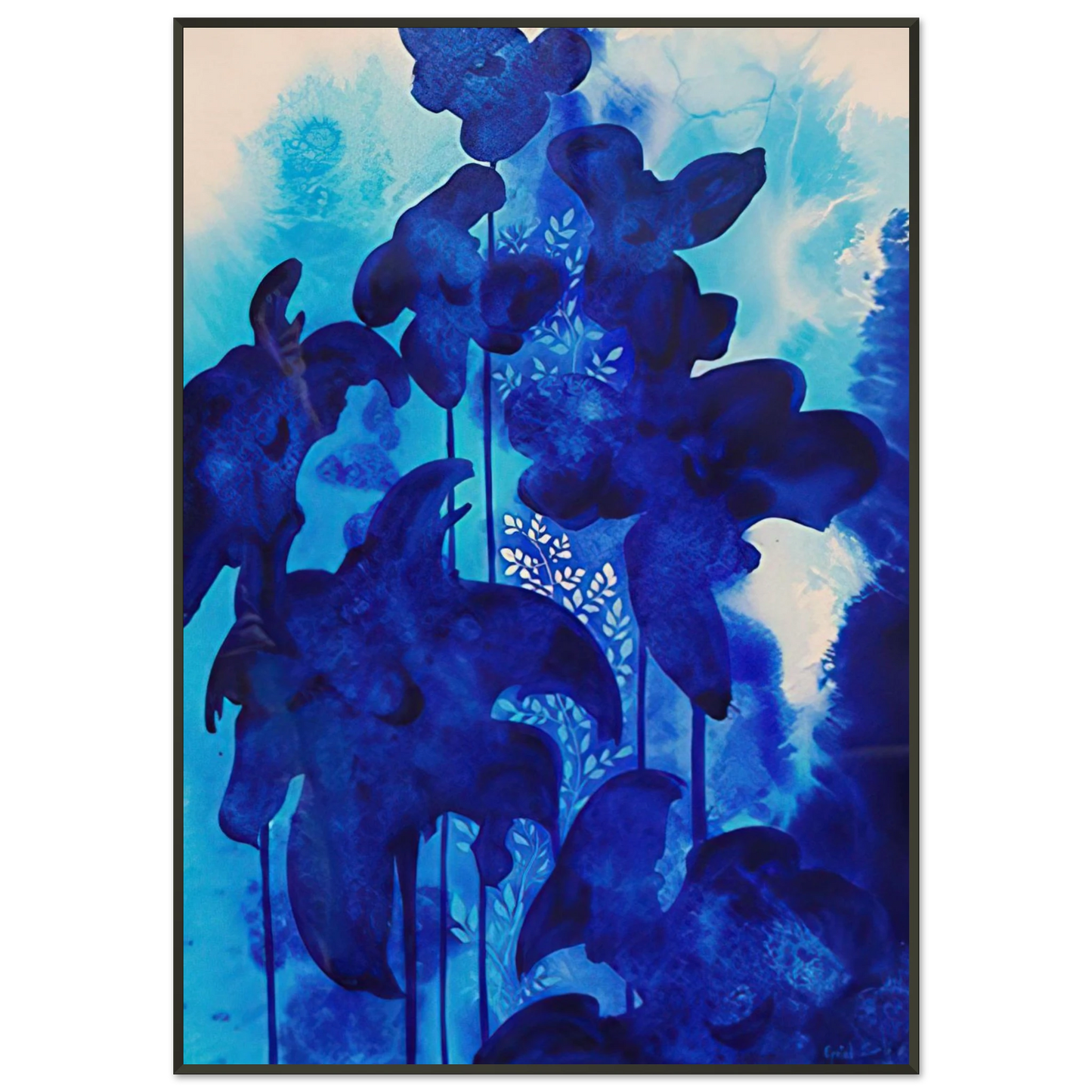 Eyvind Earle  Blue Floral Framed Art Print  - Aluminum Frame - 21x29.7 cm / 8x12"