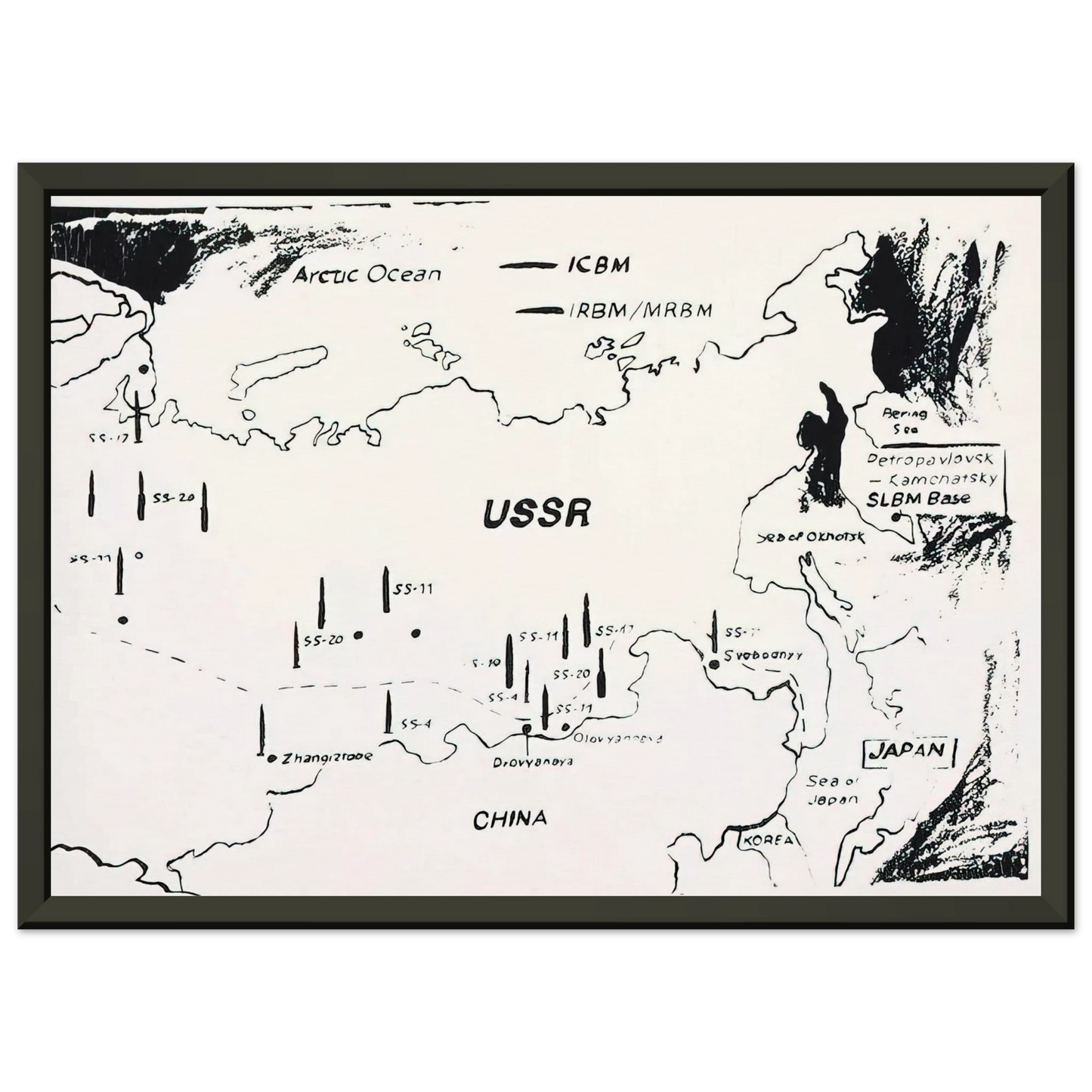 Andy Warhol  Map of Eastern USSR Missile Bases Framed Art Print  - Aluminum Frame - 40x50 cm / 16x20 inches