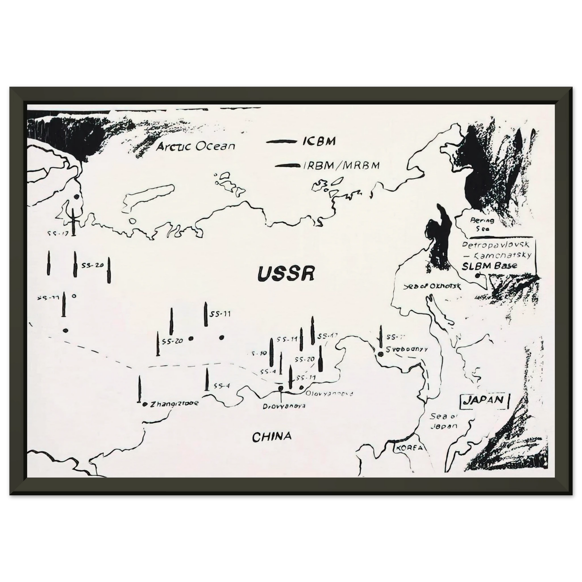 Andy Warhol  Map of Eastern USSR Missile Bases Framed Art Print  - Aluminum Frame - 40x50 cm / 16x20 inches
