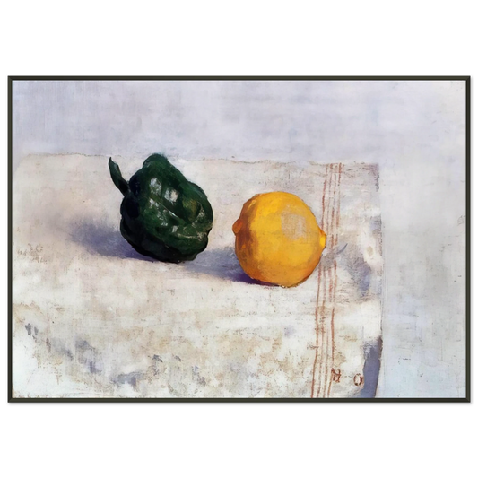 Odilon Redon  PEPPER AND LEMON ON A WHITE TABLECLOTH 1901 Framed Art Print  - Aluminum Frame - 21x29.7 cm / 8x12"