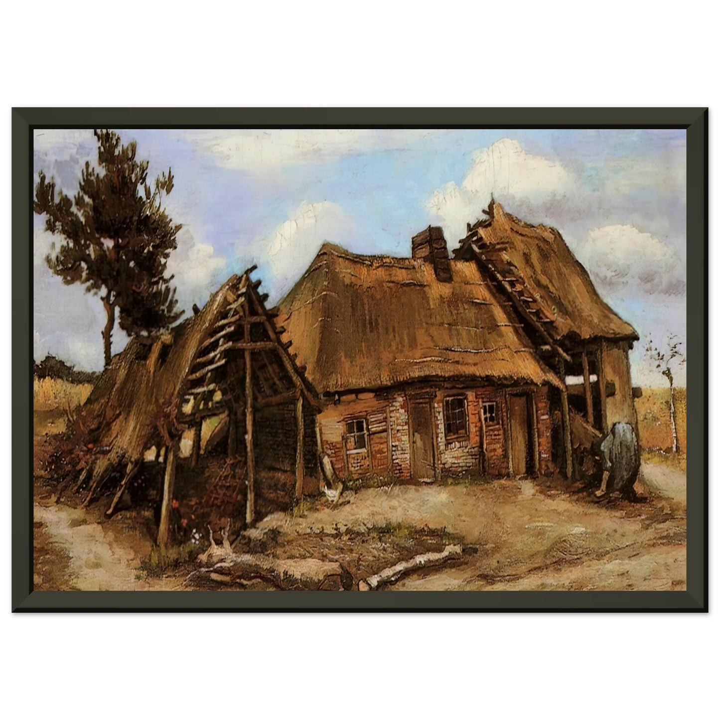 Vincent van Gogh  Cottage with Decrepit Barn and Stooping Woman Framed Art Print  - Aluminum Frame - 70x100 cm / 28x40 inches
