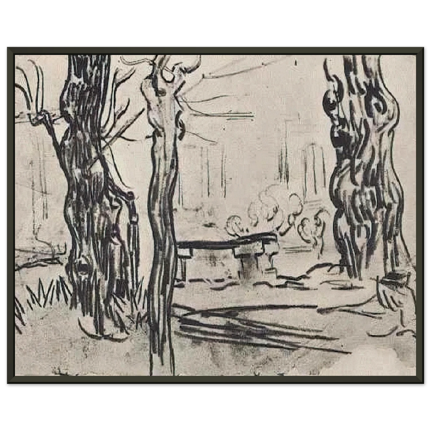 Vincent van Gogh  Garden of the Asylum and Tree Trunks and a Stone Bench Framed Art Print  - Aluminum Frame - 40x50 cm / 16x20 inches