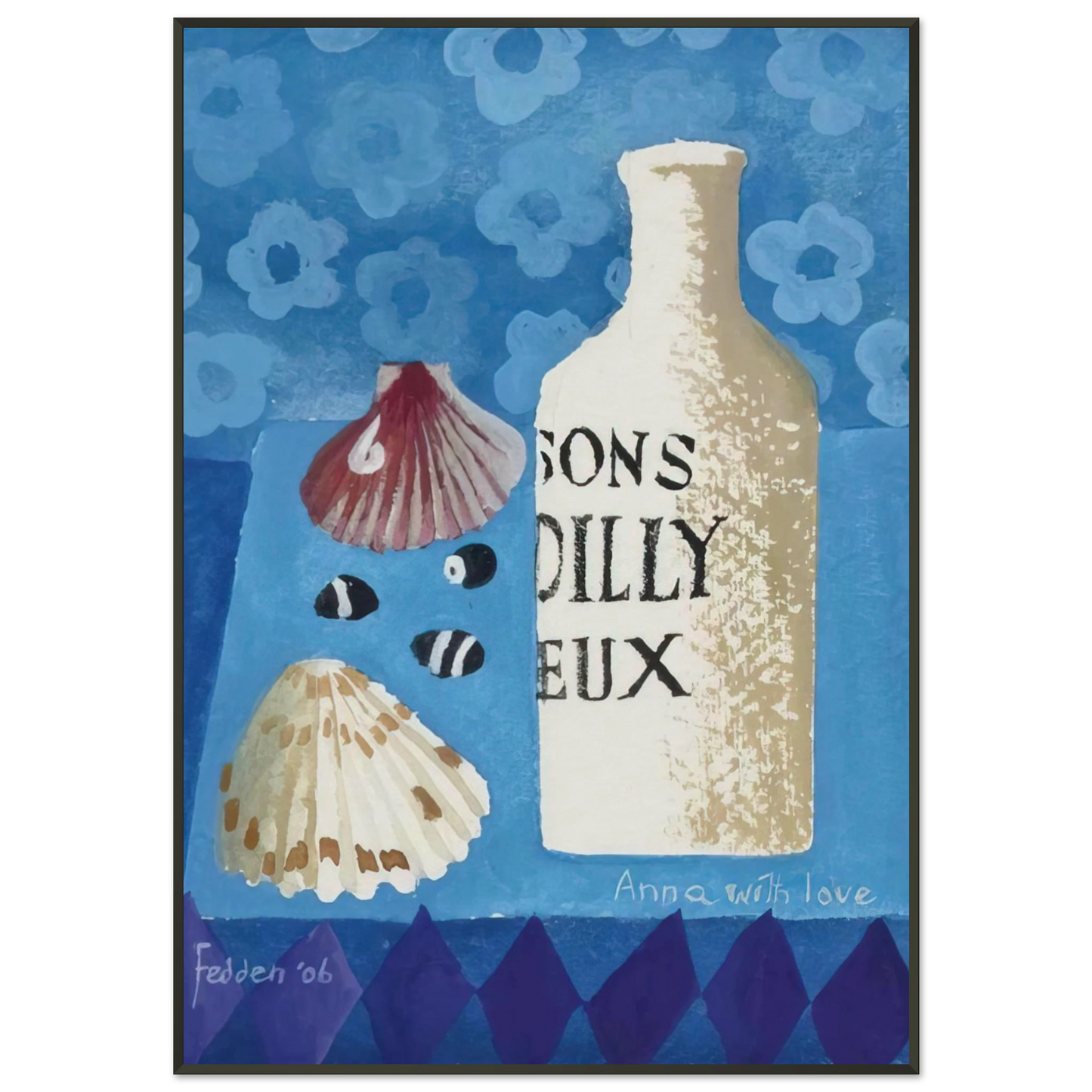 Mary Fedden  Still life with bottle and shells  2006 Framed Art Print  - Aluminum Frame - 21x29.7 cm / 8x12"