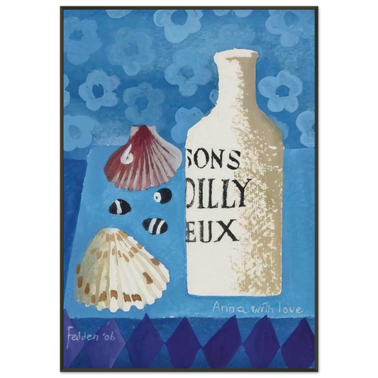 Mary Fedden  Still life with bottle and shells  2006 Framed Art Print  - Aluminum Frame - 21x29.7 cm / 8x12"