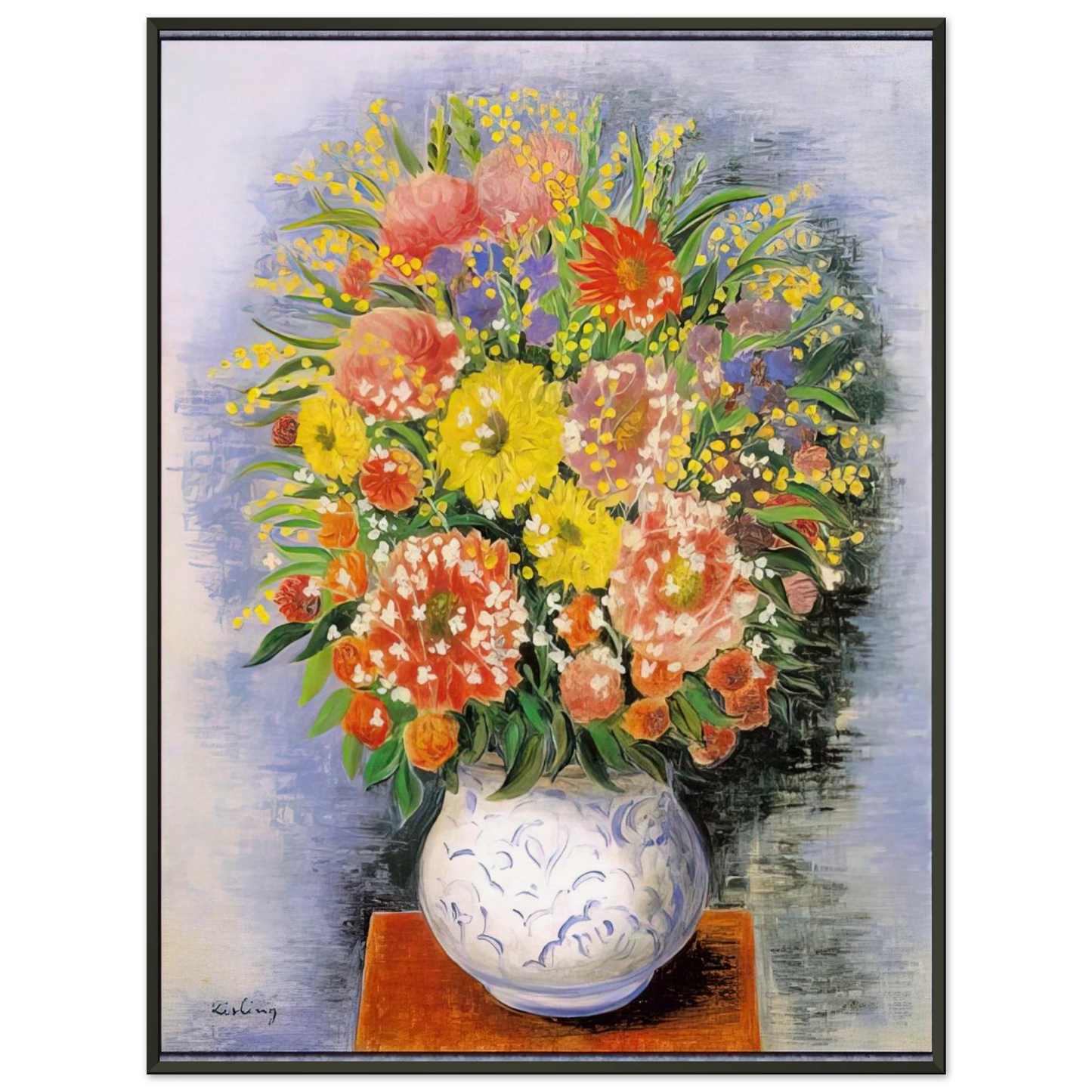 Moise Kisling  BOUQUET OF VARIOUS FLOWERS AND MIMOSA Framed Art Print  - Aluminum Frame - 60x80 cm / 24x32 inches