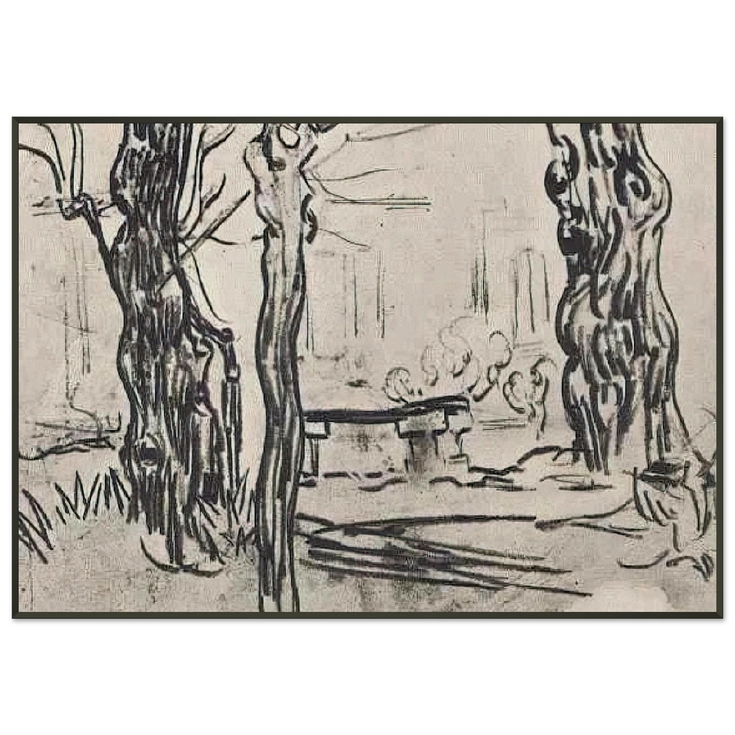 Vincent van Gogh  Garden of the Asylum and Tree Trunks and a Stone Bench Framed Art Print  - Aluminum Frame - 21x29.7 cm / 8x12"