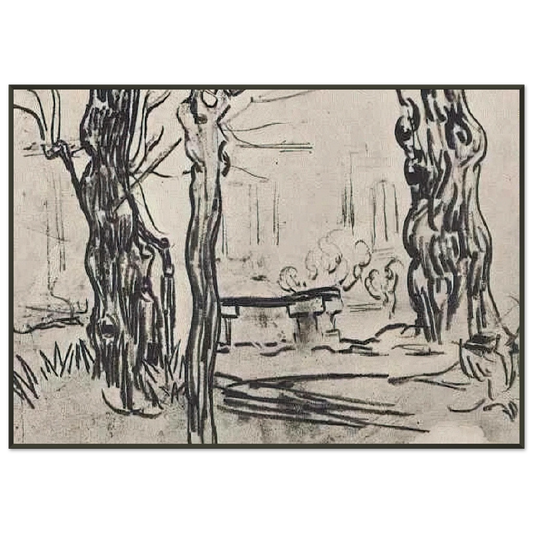 Vincent van Gogh  Garden of the Asylum and Tree Trunks and a Stone Bench Framed Art Print  - Aluminum Frame - 21x29.7 cm / 8x12"