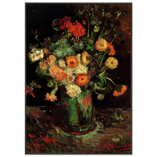 Vincent van Gogh  Vase with Zinnias and Geraniums Framed Art Print  - Aluminum Frame - 21x29.7 cm / 8x12"