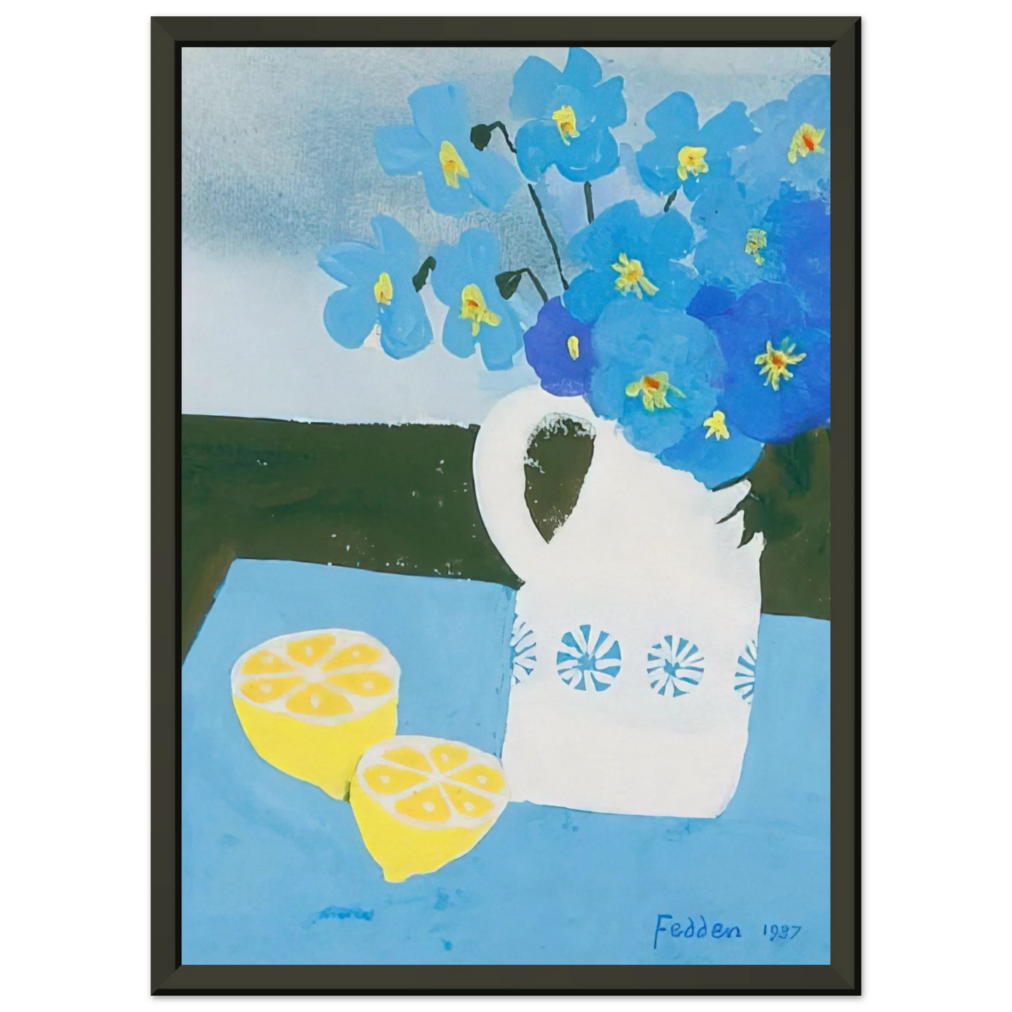 Mary Fedden  Flowers in a vase with lemon  1987 Framed Art Print  - Aluminum Frame - 70x100 cm / 28x40 inches
