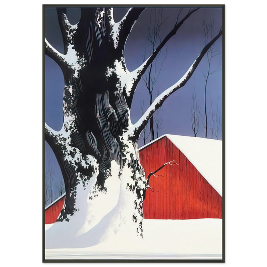 Eyvind Earle  Red Barn and Tree Snow Framed Art Print  - Aluminum Frame - 21x29.7 cm / 8x12"