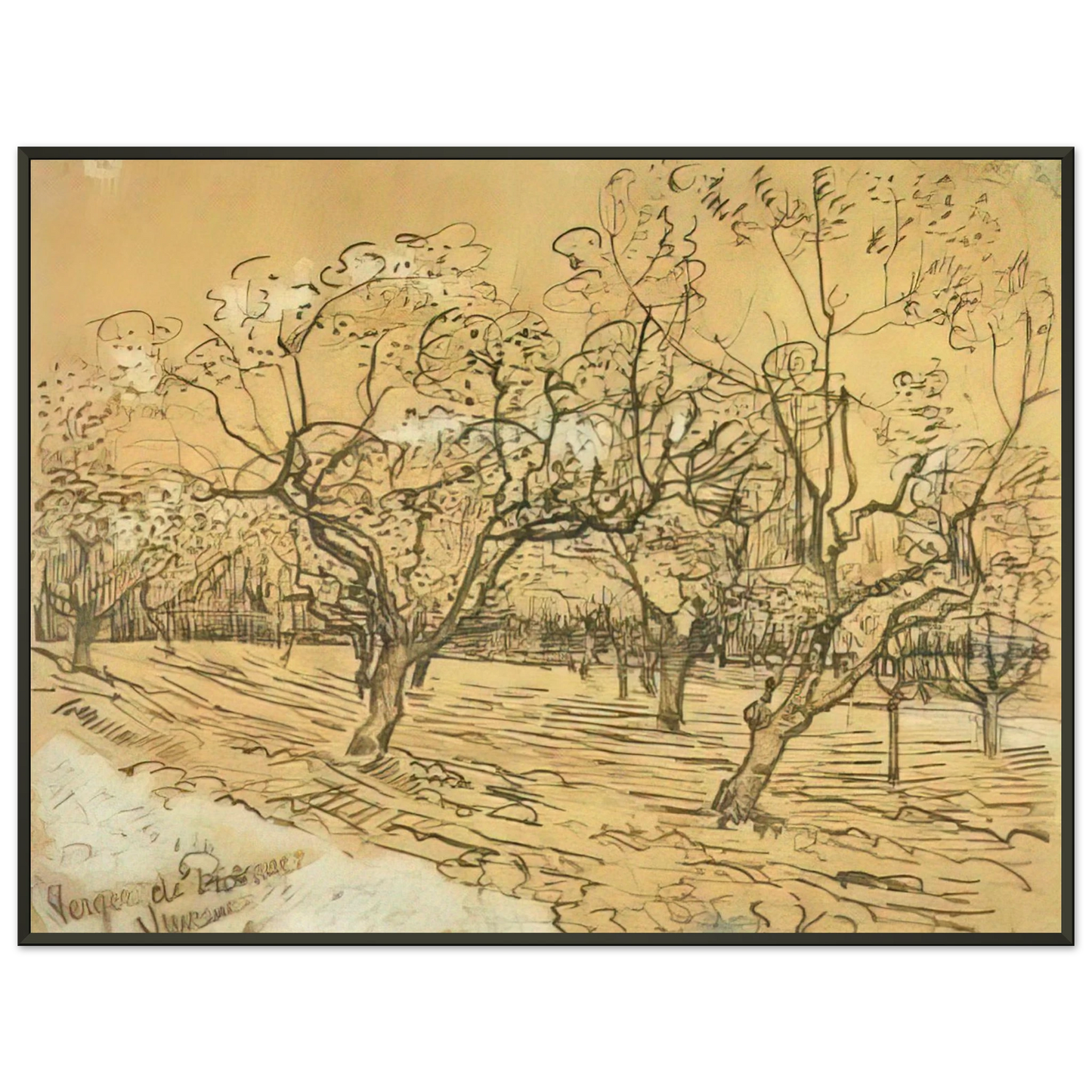 Vincent van Gogh  Orchard with Blossoming Plum Trees The White Orchard Framed Art Print  - Aluminum Frame - 70x100 cm / 28x40 inches