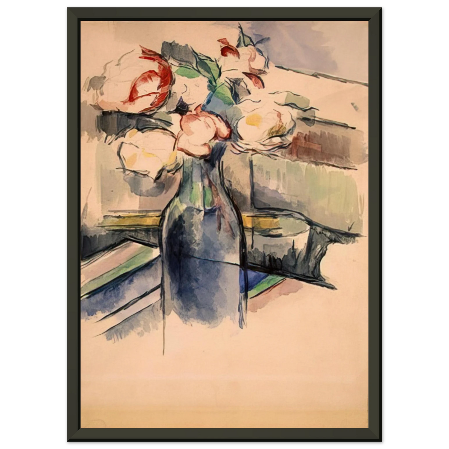 Paul Cezanne  Roses in a Bottle Framed Art Print  - Aluminum Frame - 60x80 cm / 24x32 inches