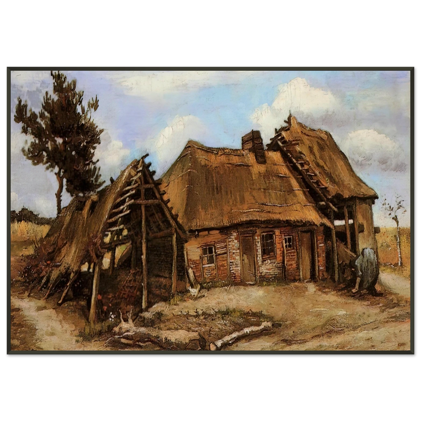 Vincent van Gogh  Cottage with Decrepit Barn and Stooping Woman Framed Art Print  - Aluminum Frame - 21x29.7 cm / 8x12"