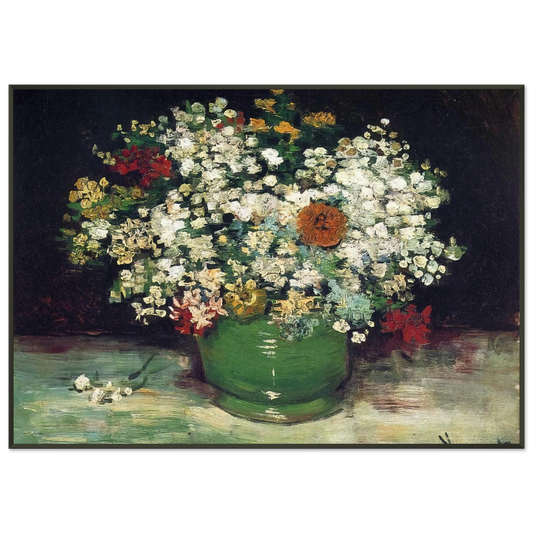 Vincent van Gogh  Vase with Zinnias and Other Flowers Framed Art Print  - Aluminum Frame - 21x29.7 cm / 8x12"
