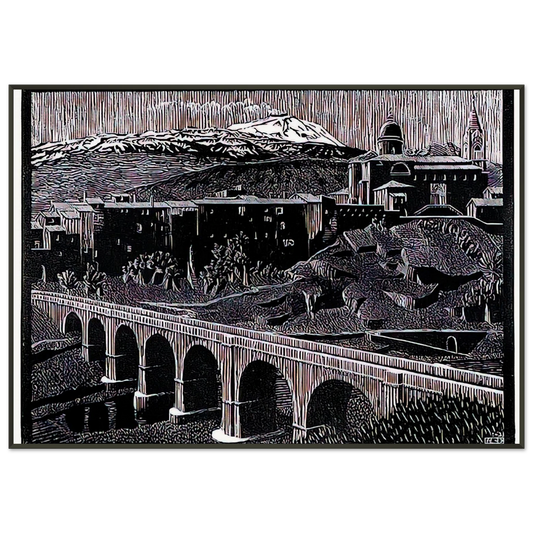 MC Escher  RANDAZZO AND MOUNT ETNA SICILY JANUARY 1933 1933 Framed Art Print  - Aluminum Frame - 21x29.7 cm / 8x12"
