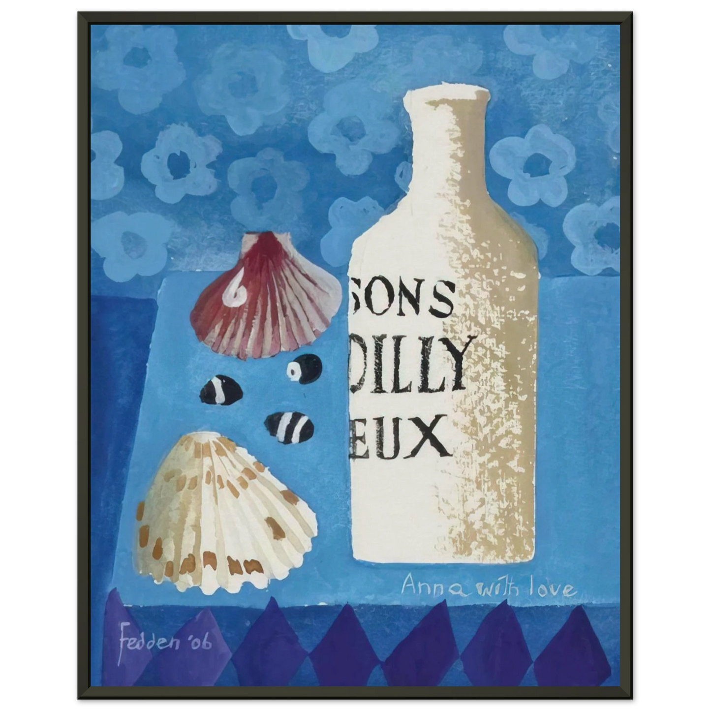 Mary Fedden  Still life with bottle and shells  2006 Framed Art Print  - Aluminum Frame - 70x100 cm / 28x40 inches