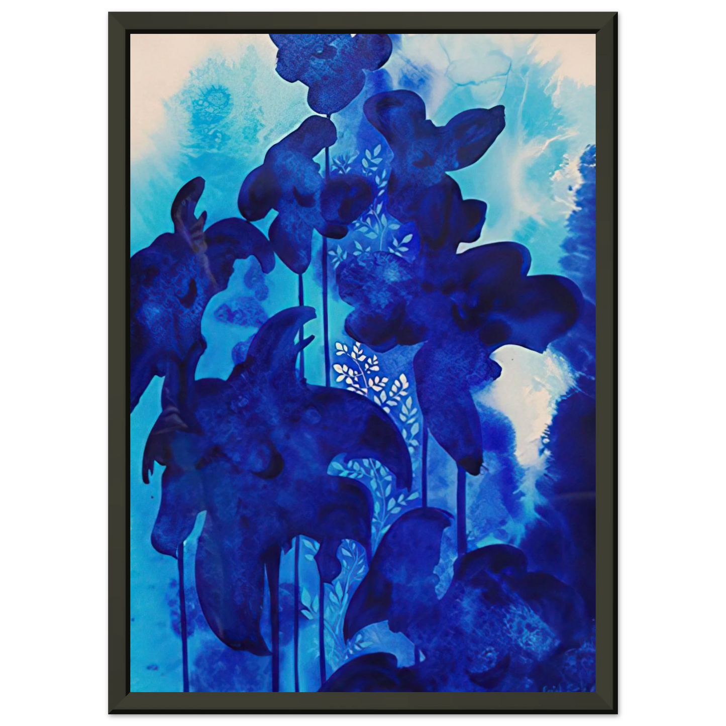 Eyvind Earle  Blue Floral Framed Art Print  - Aluminum Frame - 40x50 cm / 16x20 inches