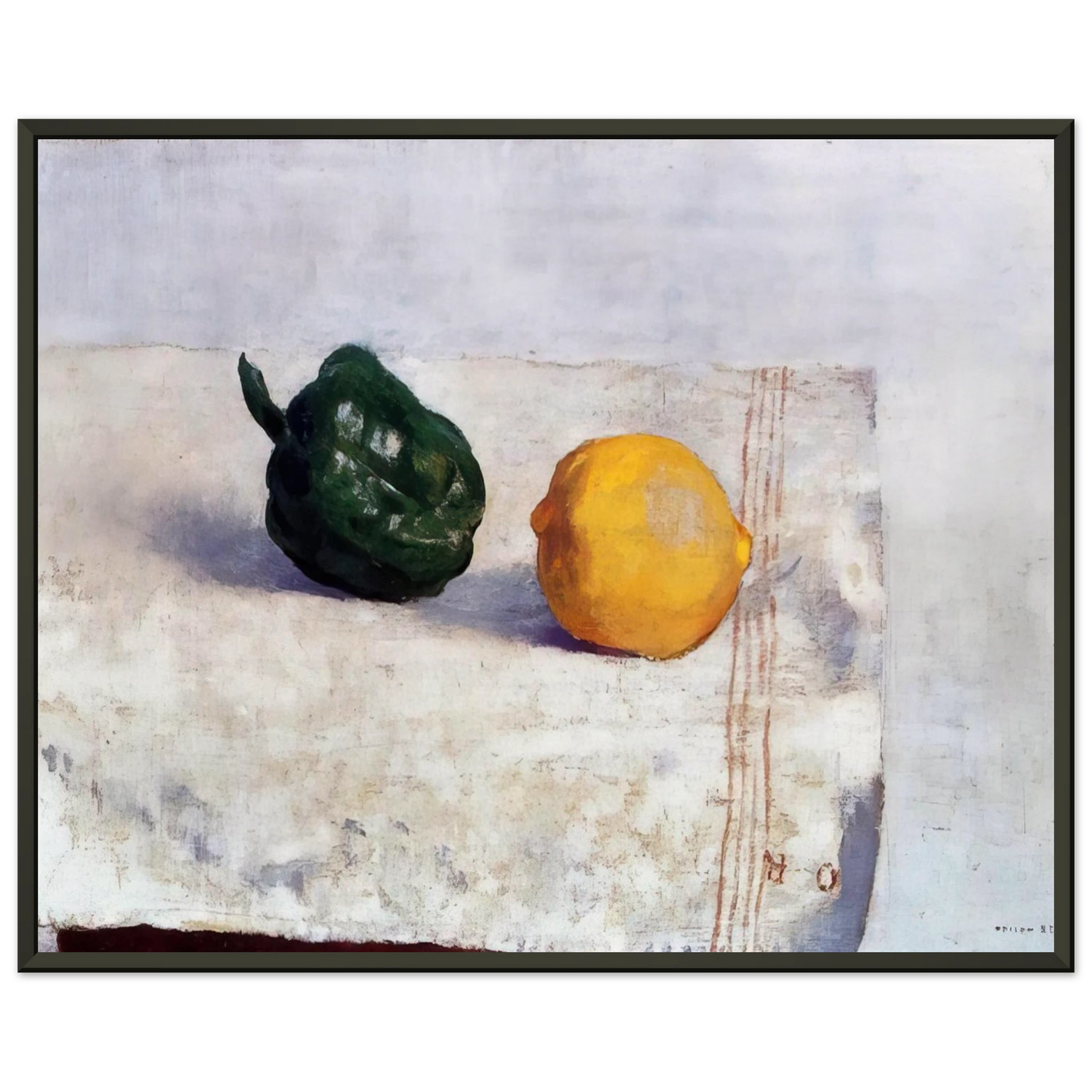 Odilon Redon  PEPPER AND LEMON ON A WHITE TABLECLOTH 1901 Framed Art Print  - Aluminum Frame - 60x80 cm / 24x32 inches