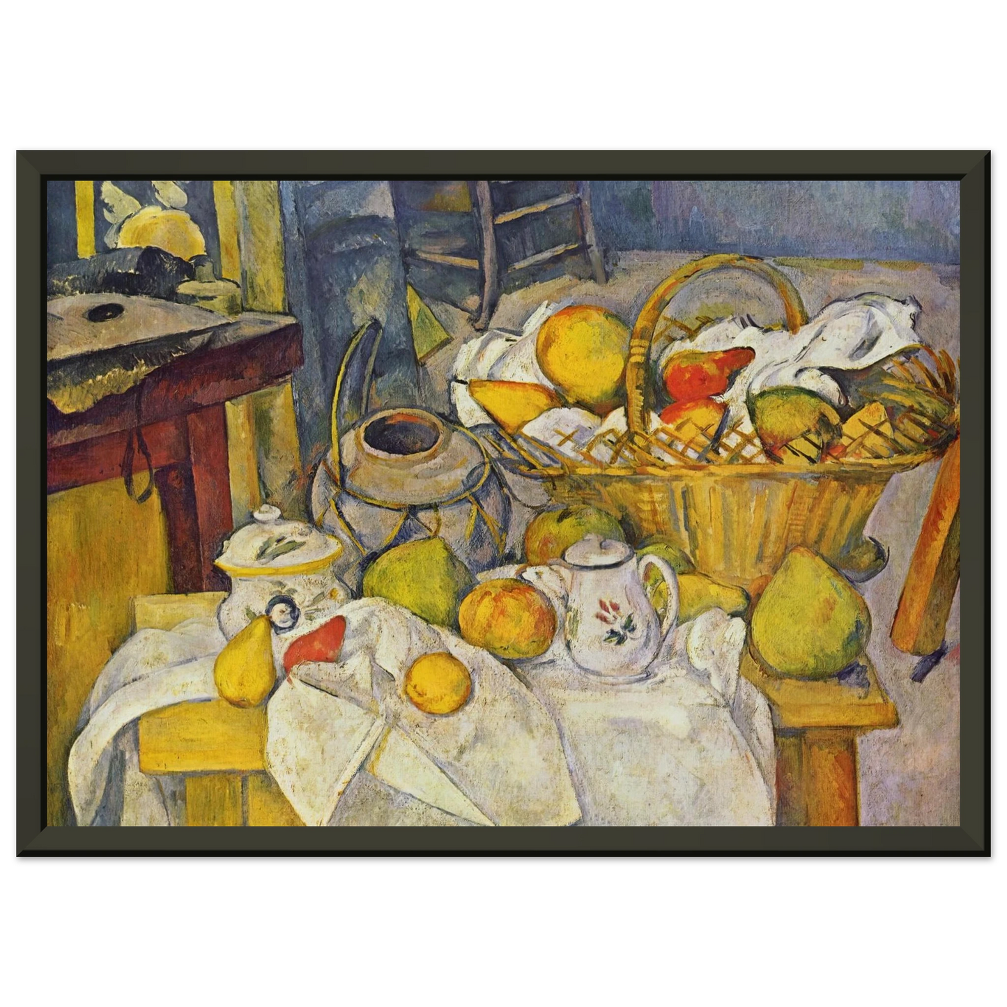 Paul Cezanne  Still life with basket Kitchen table Framed Art Print  - Aluminum Frame - 40x50 cm / 16x20 inches