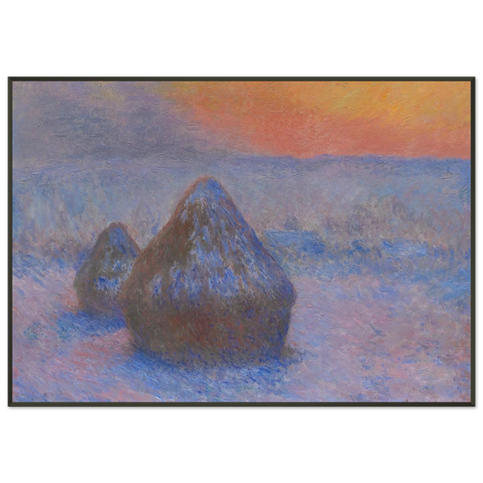 claude monet  Stacks of Wheat Sunset Snow Effect Framed Art Print  - Aluminum Frame - 21x29.7 cm / 8x12"