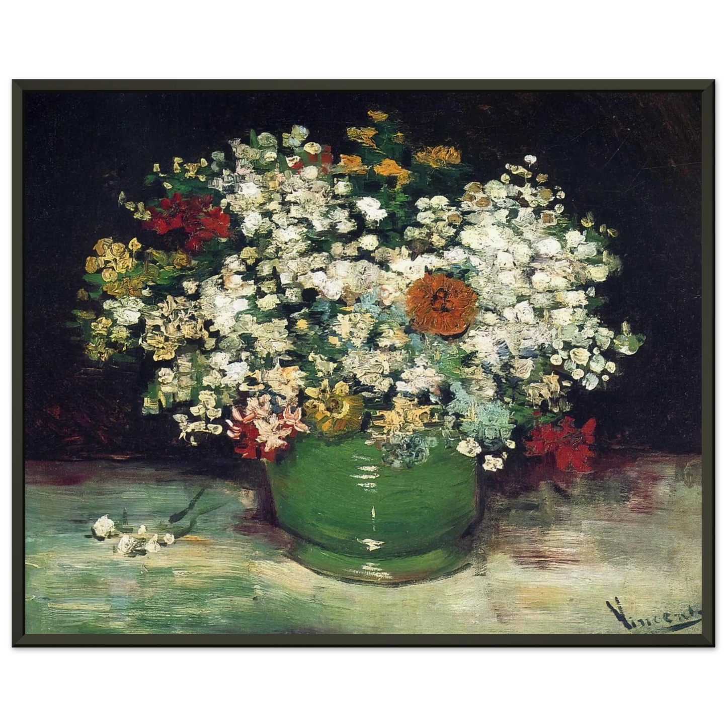 Vincent van Gogh  Vase with Zinnias and Other Flowers Framed Art Print  - Aluminum Frame - 40x50 cm / 16x20 inches