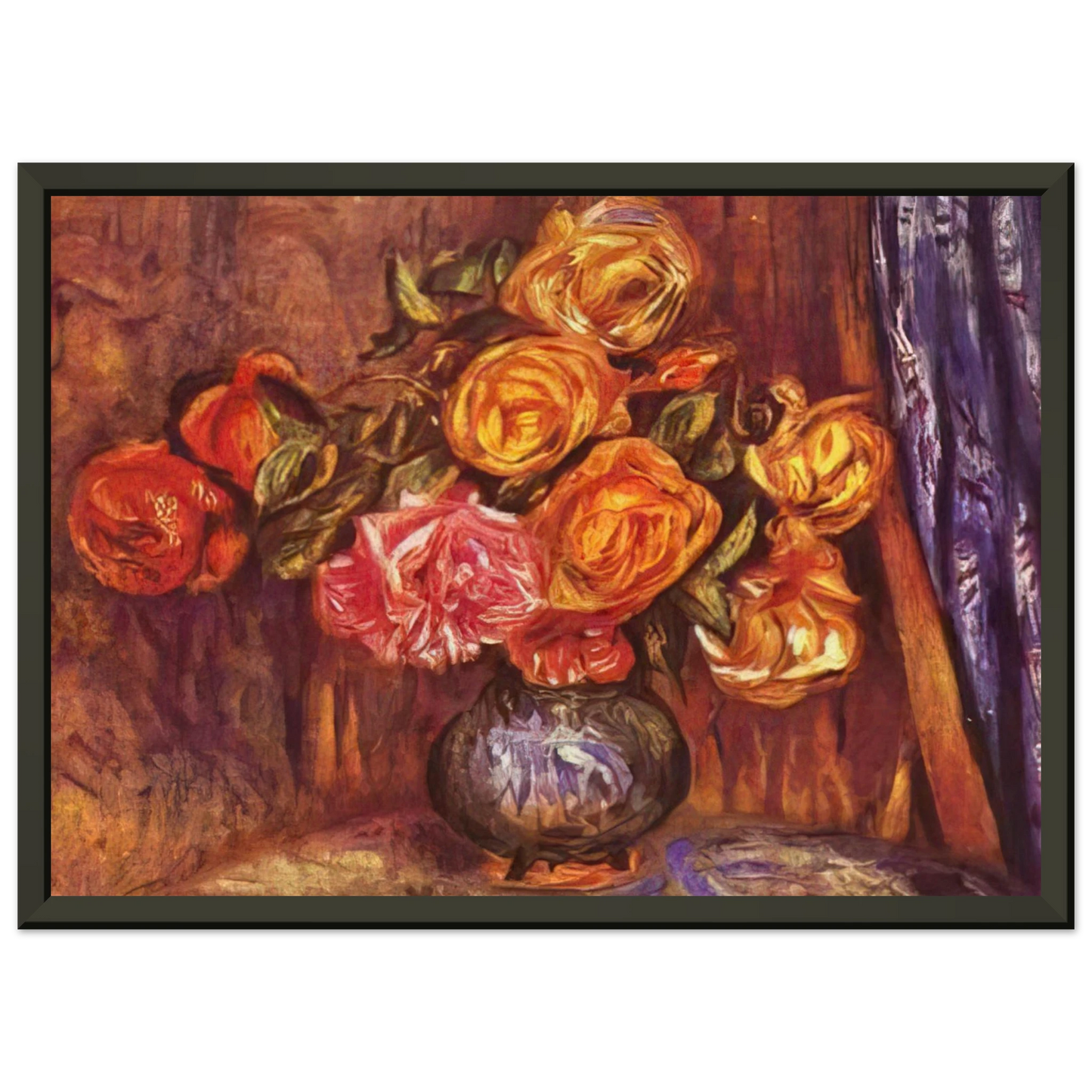 PierreAuguste Renoir  Roses Before the Blue Curtain Framed Art Print  - Aluminum Frame - 70x100 cm / 28x40 inches