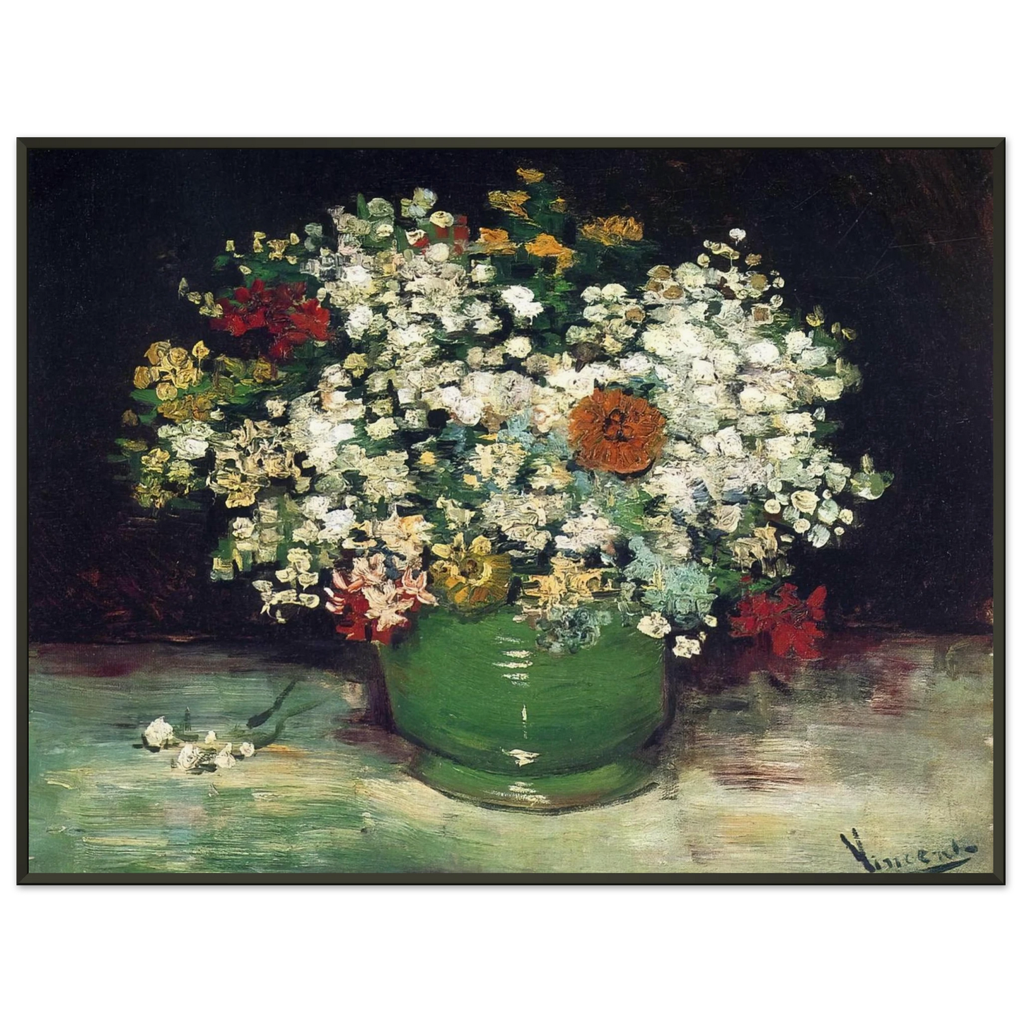 Vincent van Gogh  Vase with Zinnias and Other Flowers Framed Art Print  - Aluminum Frame - 70x100 cm / 28x40 inches